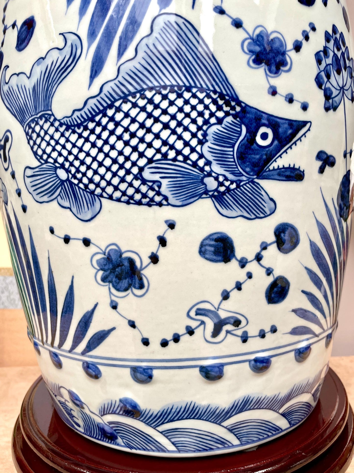 Hand Painted Koi Carp Garden Stool Traditional Chinese Blue White Drum Table Oriental Home Accent Cobalt Blue Statement Furniture Feng Shui