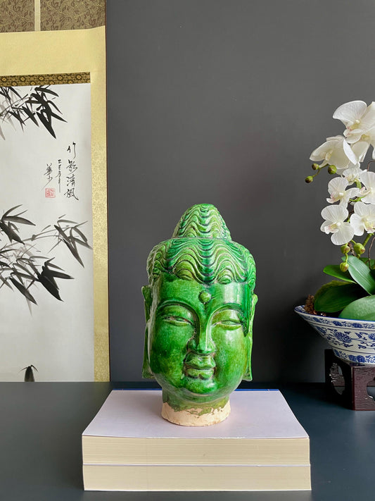 Rare Green Glazed Ceramic Buddha Head Statue, Chinese Ming Style Clay Sculpture, Zen Home Decor, Buddhist Altar Art, Spiritual Gifts
