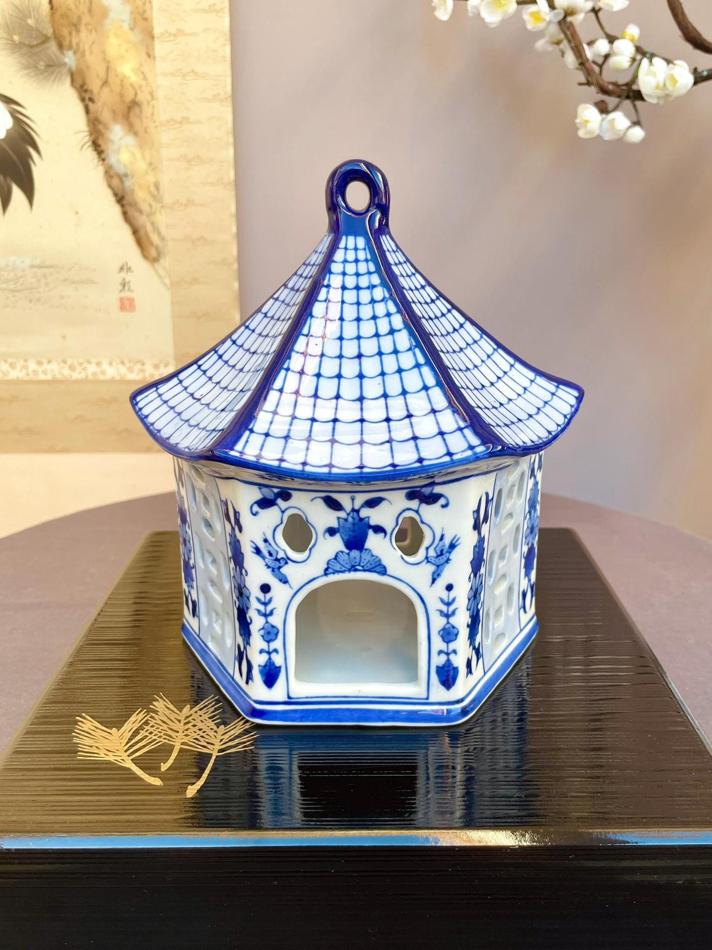 Blue and White Porcelain Pagoda Candle Holder | Handcrafted Ceramic Lantern Elegant Home Décor Accent | Curved Roof Design Tea Light Holder
