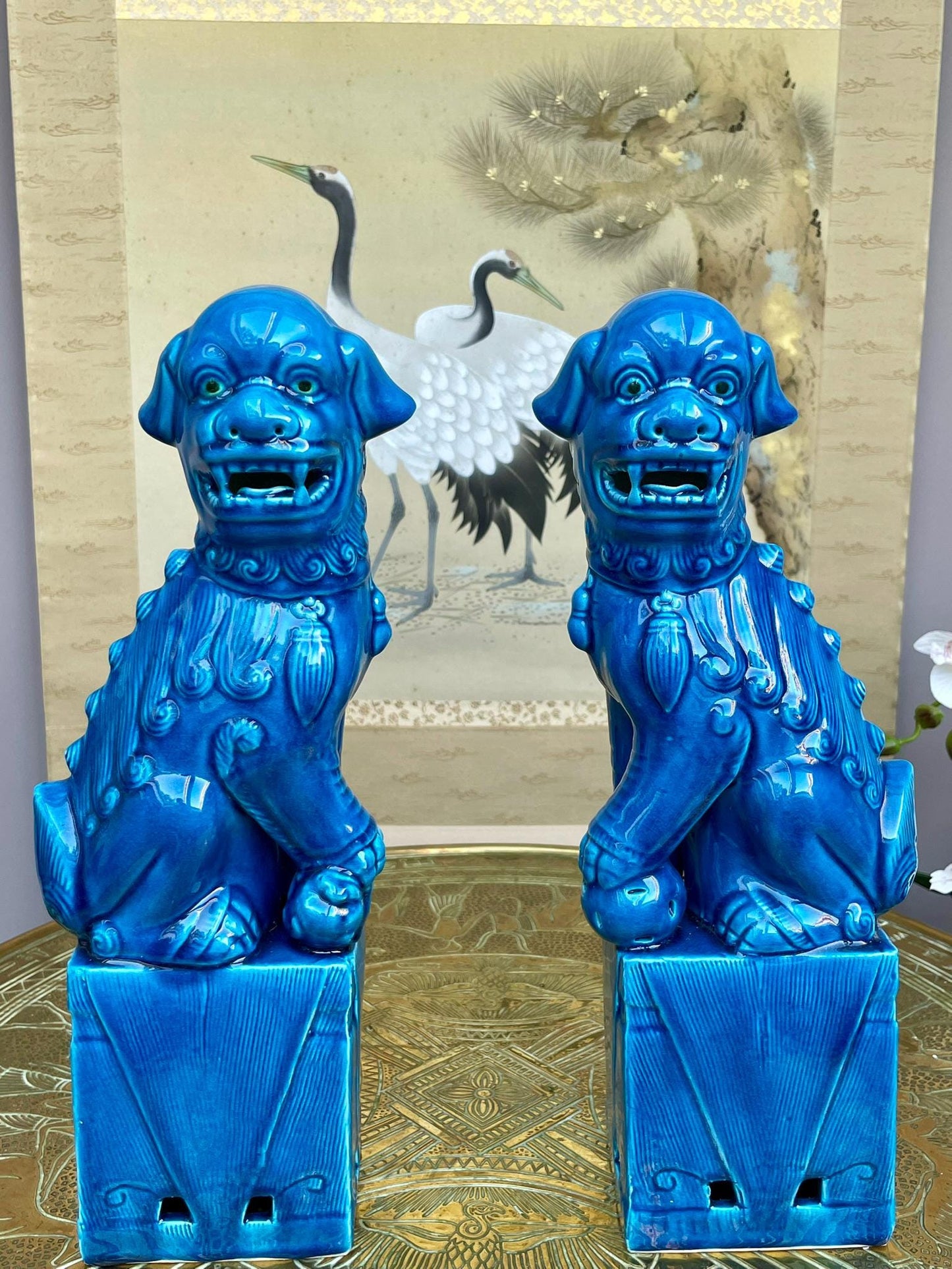 Turquoise Fu Dog Statues – Pair of Chinese Guardian Lions – Home Decor Accents for Entryway, Bookshelf & Living Room – Blue Glazed Foo Dogs