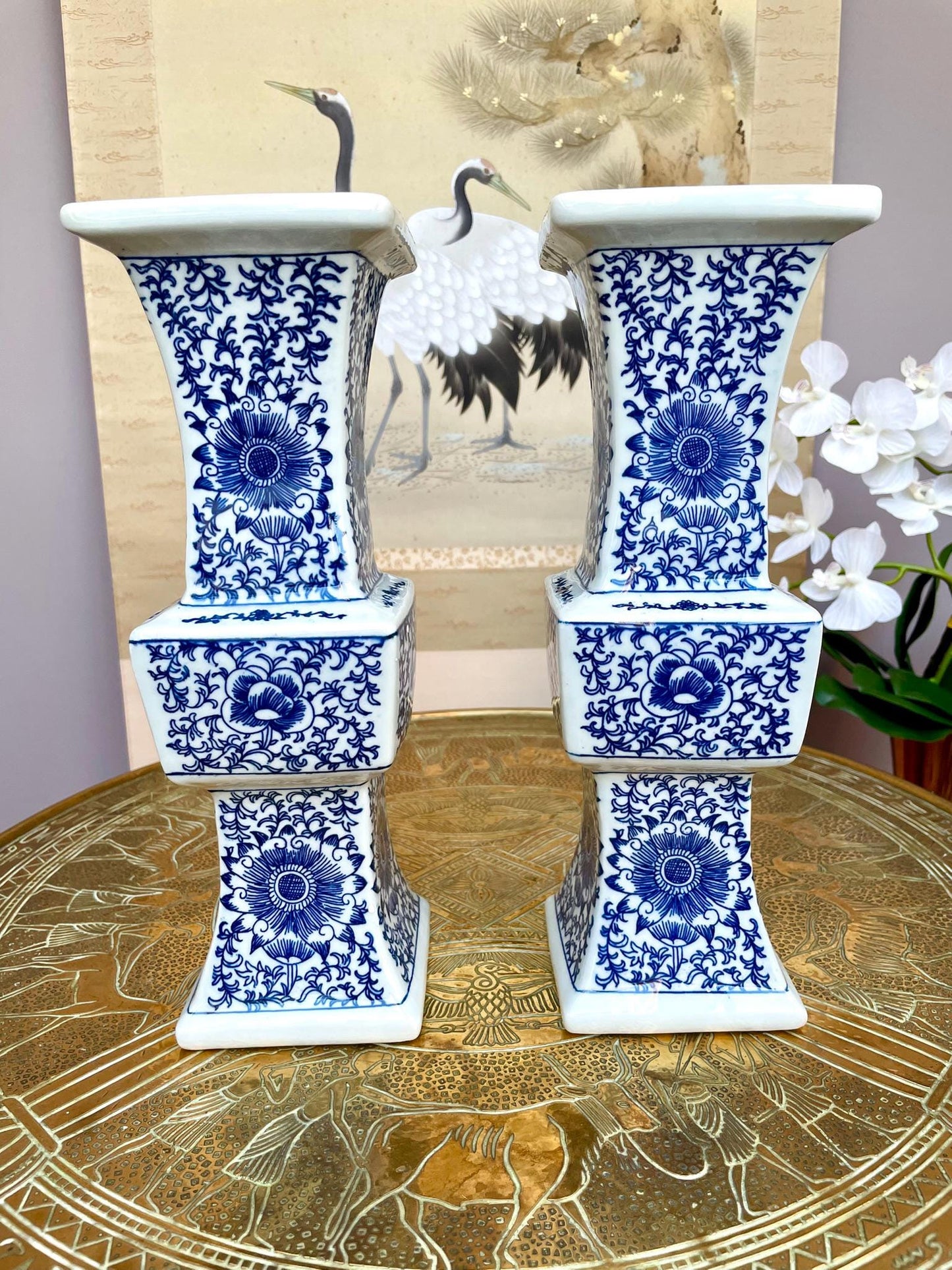 pair of Blue & White Porcelain Altar Candle Holders • Imperial Ritual Vessel Pair • Heaven–Earth–Human 3 section  Chinoiserie Floral design
