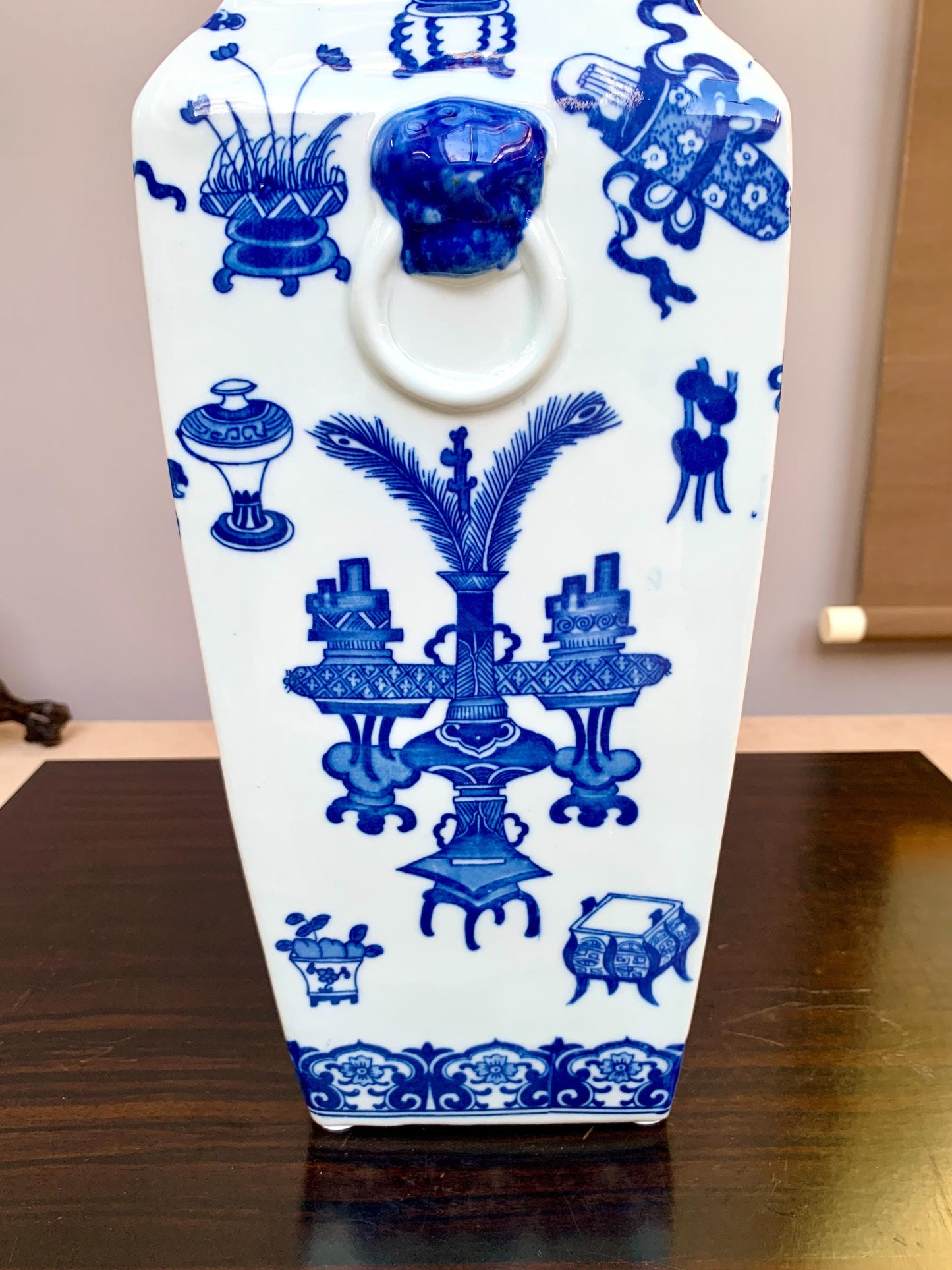 Tall Hand-Crafted Blue and White Square Vase Rare "Hundred Antiques" (Bogu) Motif Heavy Premium Porcelain Traditional Scholar's Studio Decor