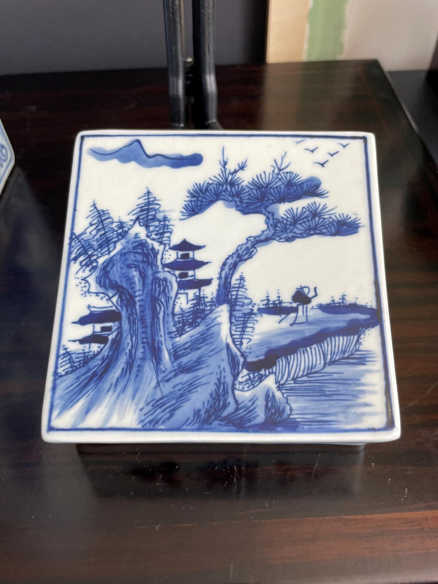 Hand-Painted Blue  White Square Xiang Qi Porcelain Vessel with Lid Imperial Kangxi Style Scholar  Pine Tree Motif  app 30cm