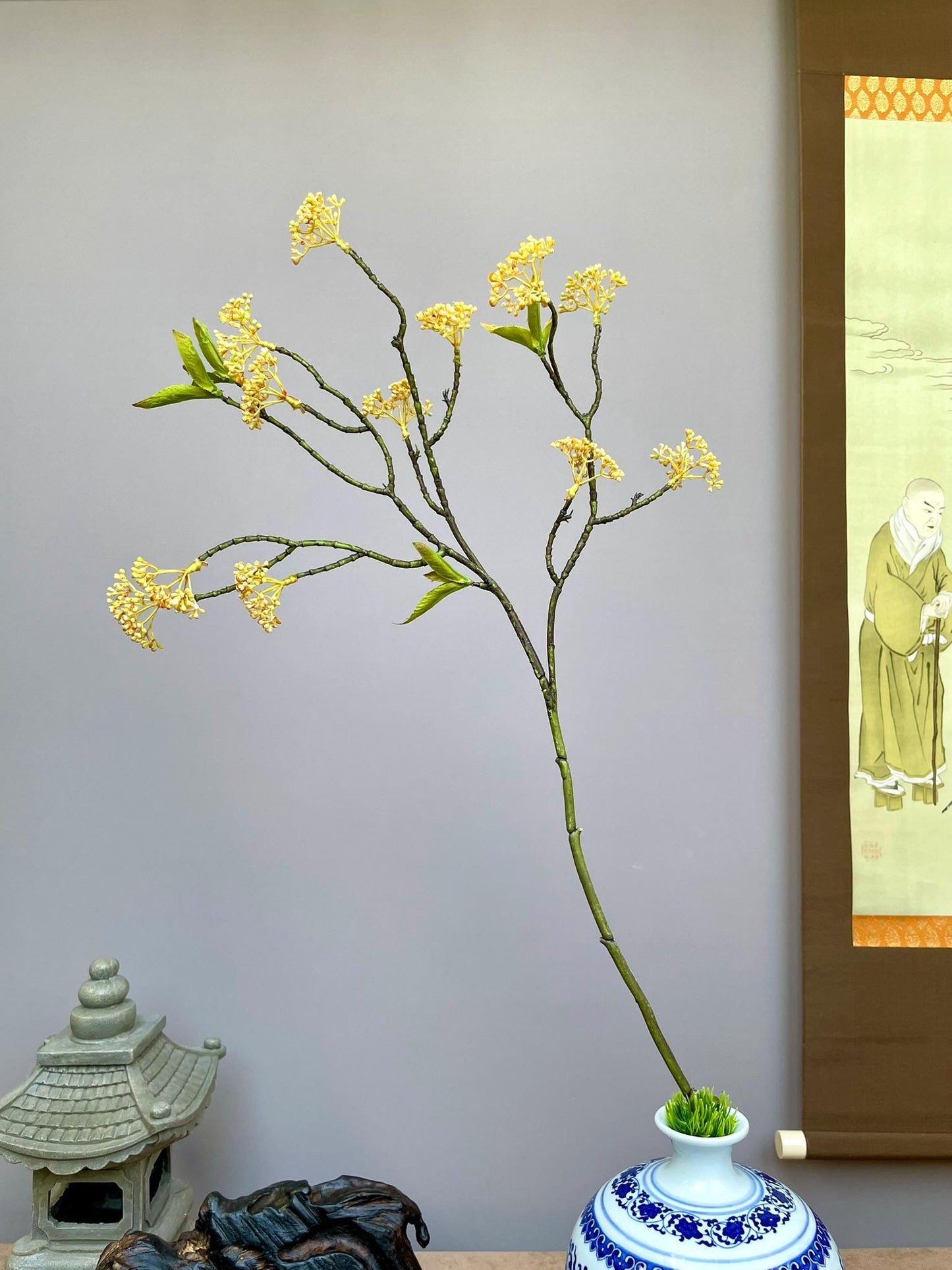 Premium Faux Osmanthus Fragrans Stem, Yellow Sweet Olive Flower, Lifelike Chinoiserie Floral Arrangement, Eternal Spring Greenery