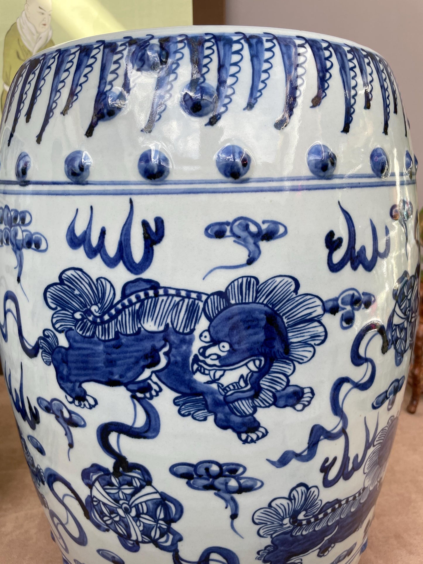 Large Blue and White Porcelain Garden Stool 100% Hand Painted Foo Dog Ceramic Seat, Chinoiserie Drum Stool, Guardian Lion Side Table Heavy.