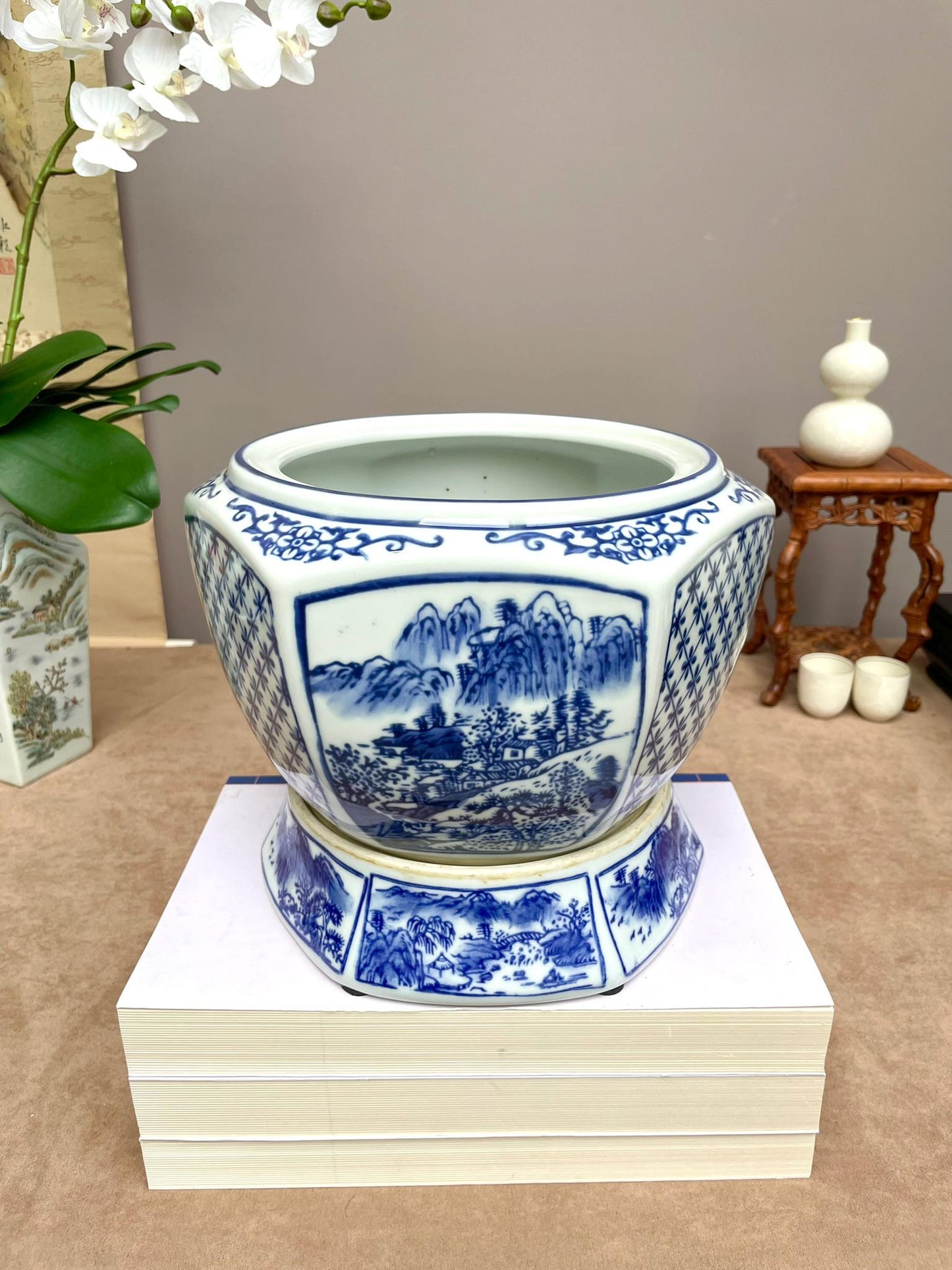 Blue and White Chinese Porcelain Planter with Stand | Hand-Painted Landscape Scene | Oriental Home Decor | Ming Style Ceramic Pot