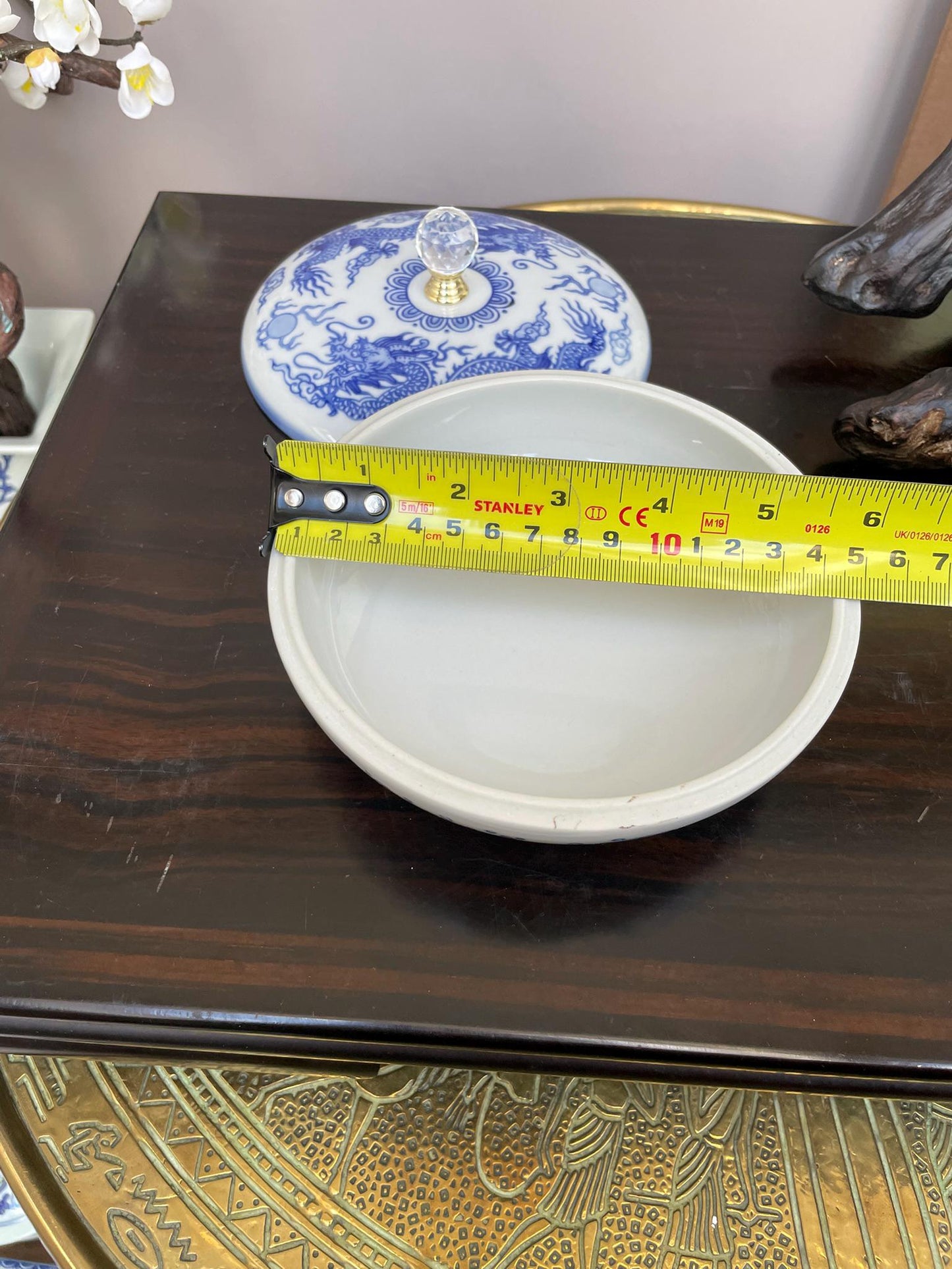 Hand-Crafted Blue and White Porcelain Dragon Jewellery Box - Lidded Trinket Jar with Crystal Knob - Chinoiserie Décor for Precious Item