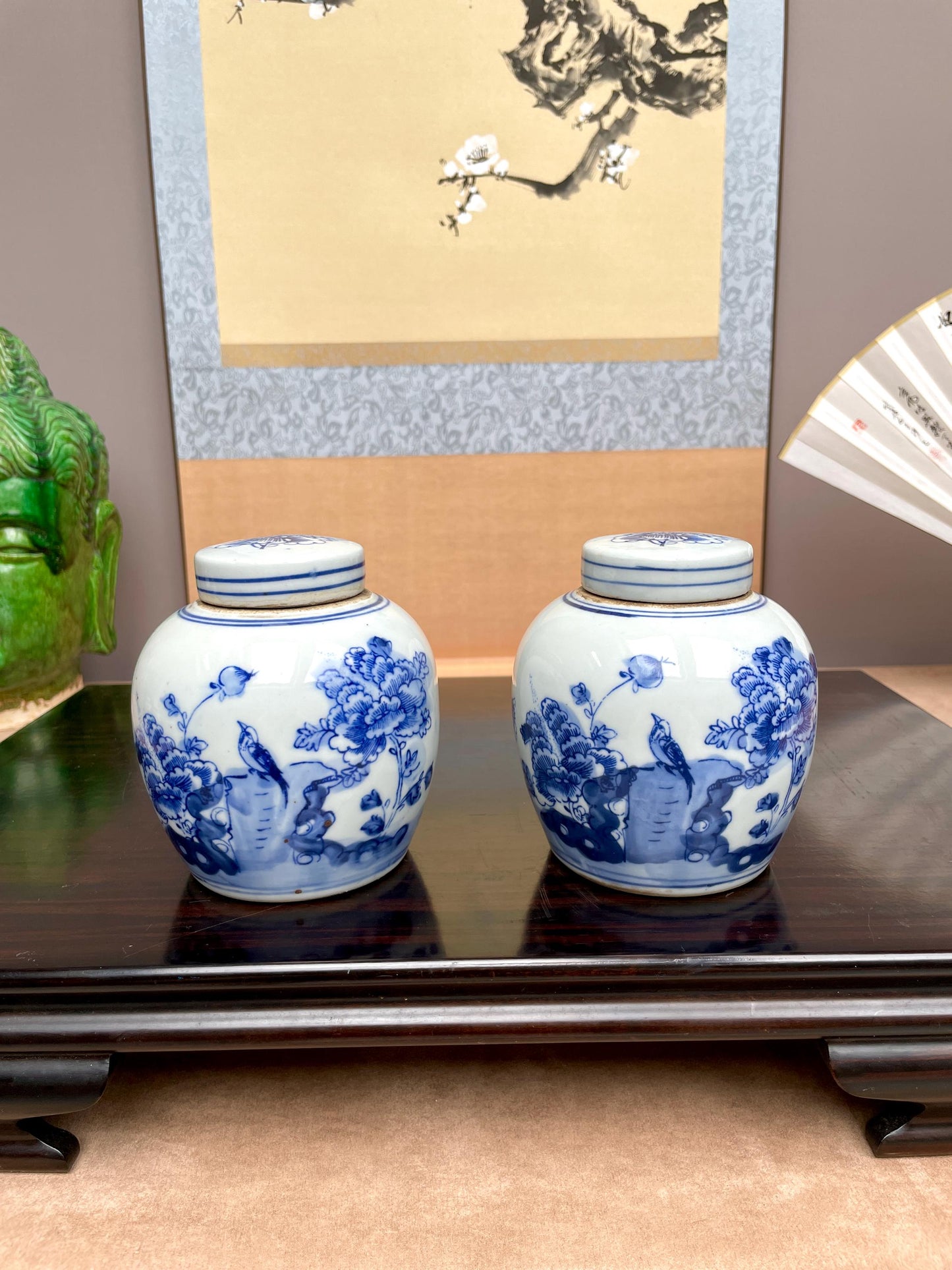 Hand Painted Cobalt Blue Floral Ginger Jars Traditional Scholar Style Porcelain Urns Oriental Bird Peony Decorative Jars Blue White Gift Set