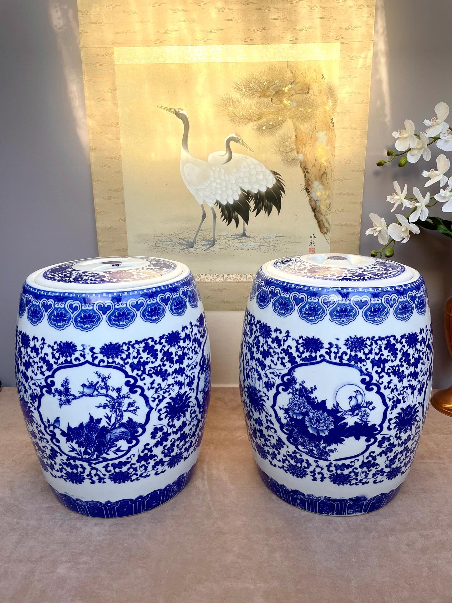 Blue & White Porcelain Lidded Container • Chinoiserie Ginger Jar Side Table • Decorative Storage Jar w/ Rubber Gasket • Floral Bird Pattern