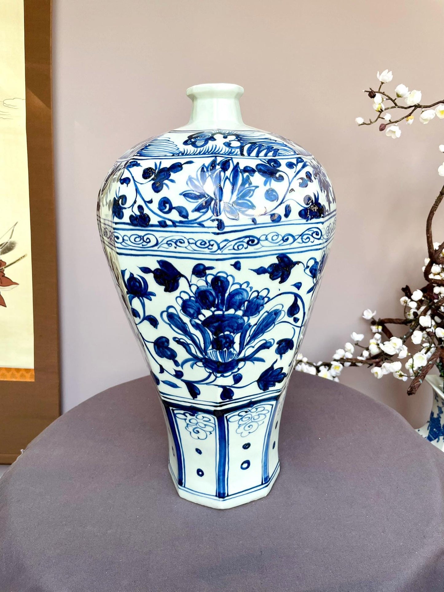 Large Blue and White Porcelain Meiping Vase – Classic Plum Vase Shape – Hand-Painted Floral Motifs Traditional Tall Collector Display Piece