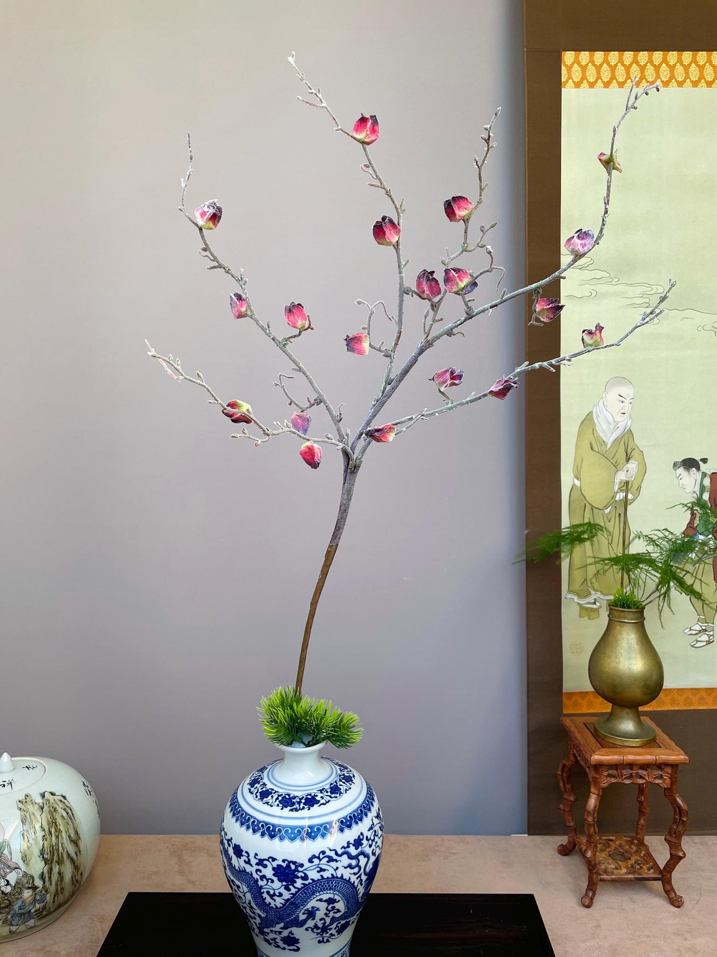 Hand-Crafted Realistic Faux Chinese Lantern Branch - Deep Red & Burgundy Buds - Winter Cherry Stem for Tall Vases Unique indoor Decor