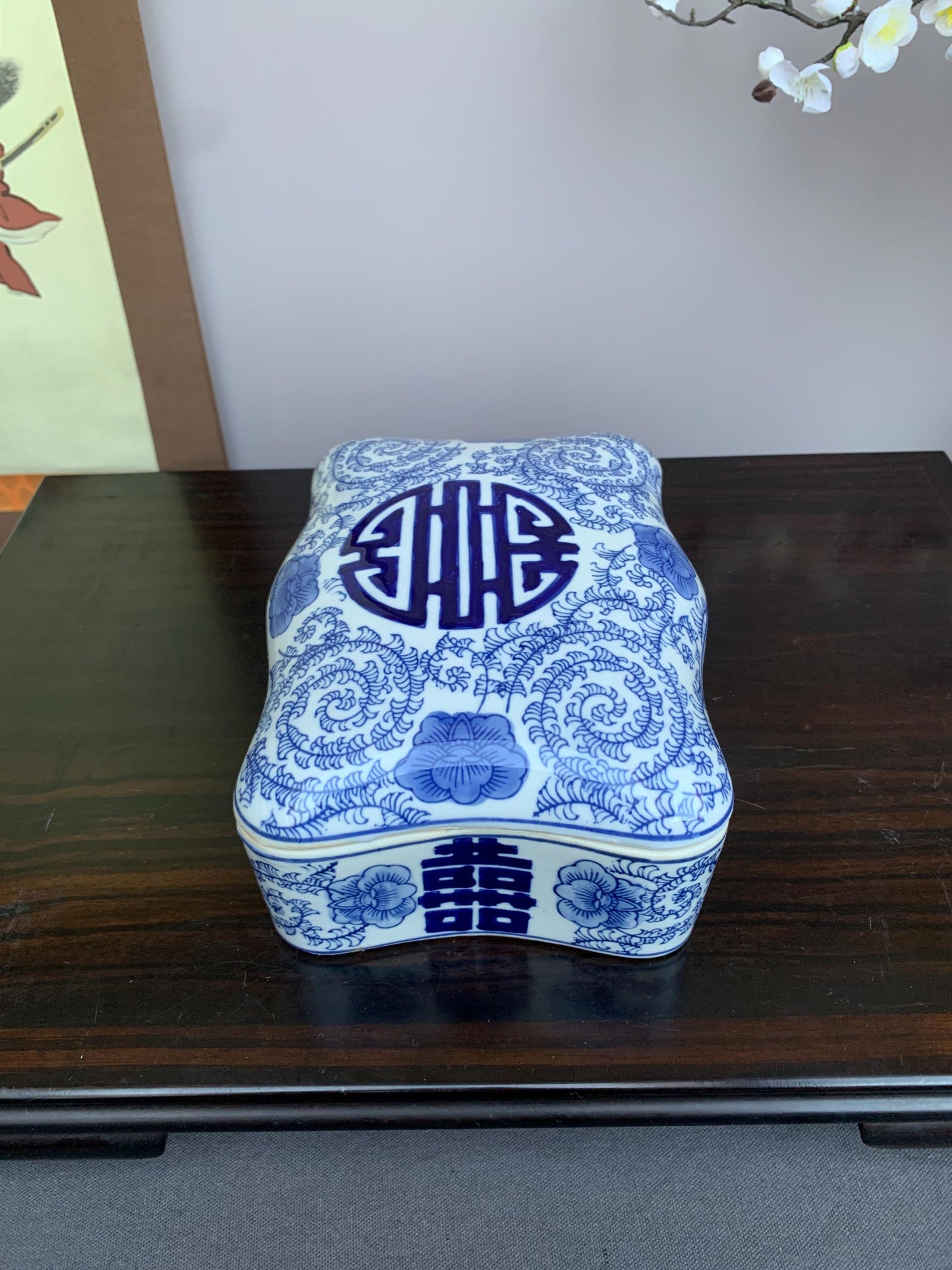 Blue and White Porcelain Lidded Box | Curved Decorative Container with Shou Longevity Symbol | Handcrafted Ceramic Storage Box | Asian Home