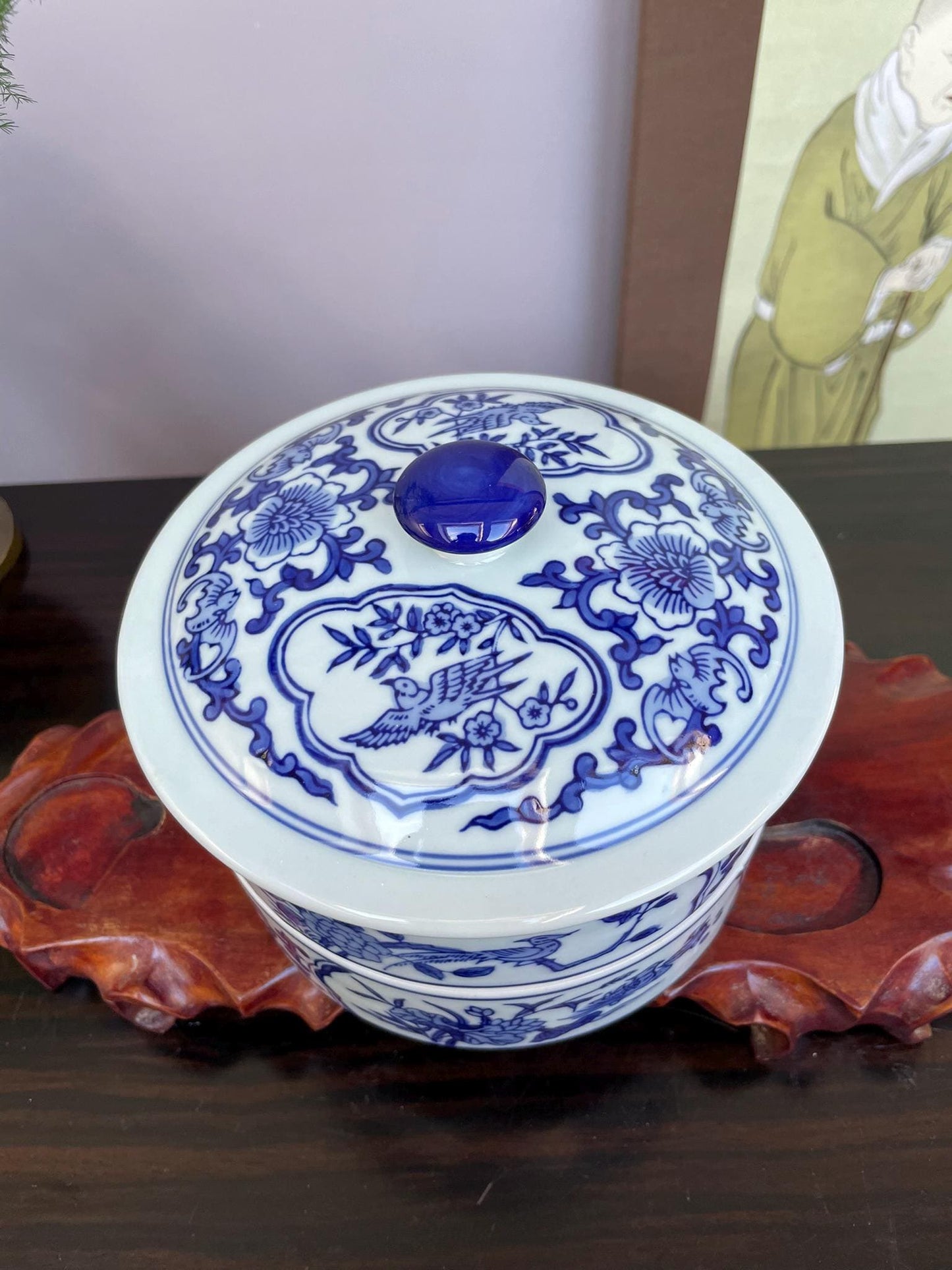 Blue and White Chinese Porcelain 2Tier Lidded Container Hand-Painted Floral & Bird Design Stacking Ceramic Storage Jar Functional Home Decor