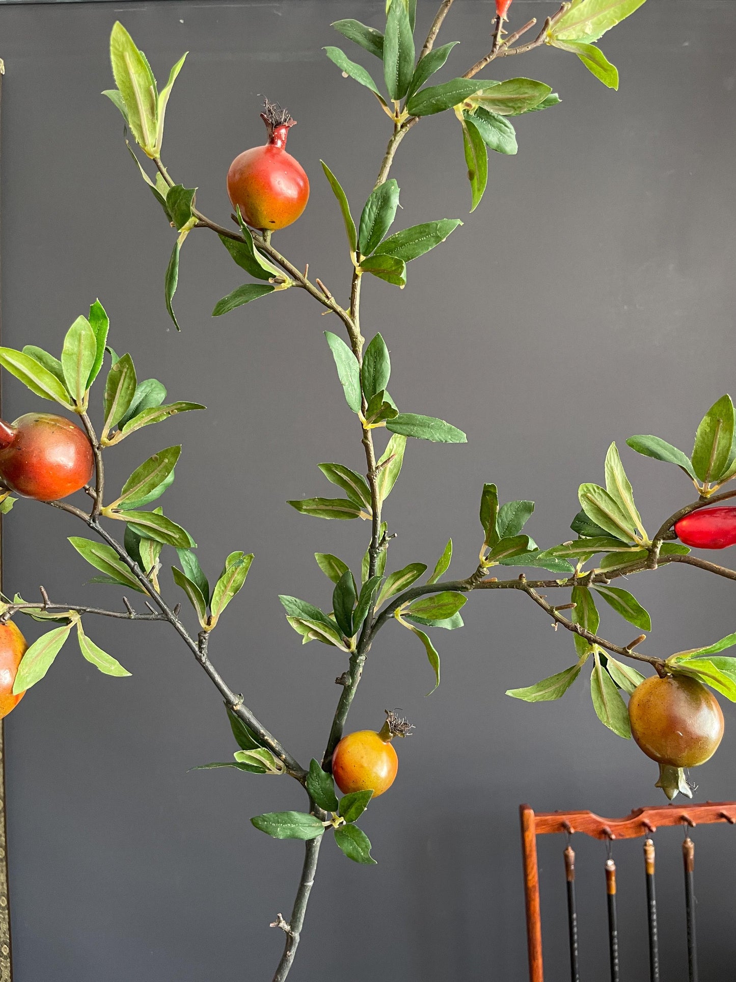 Architectural Faux Greenery Branch | Artisanal Artificial Pomegranate Stem | Vibrant Botanical Accent for Eclectic Interiors