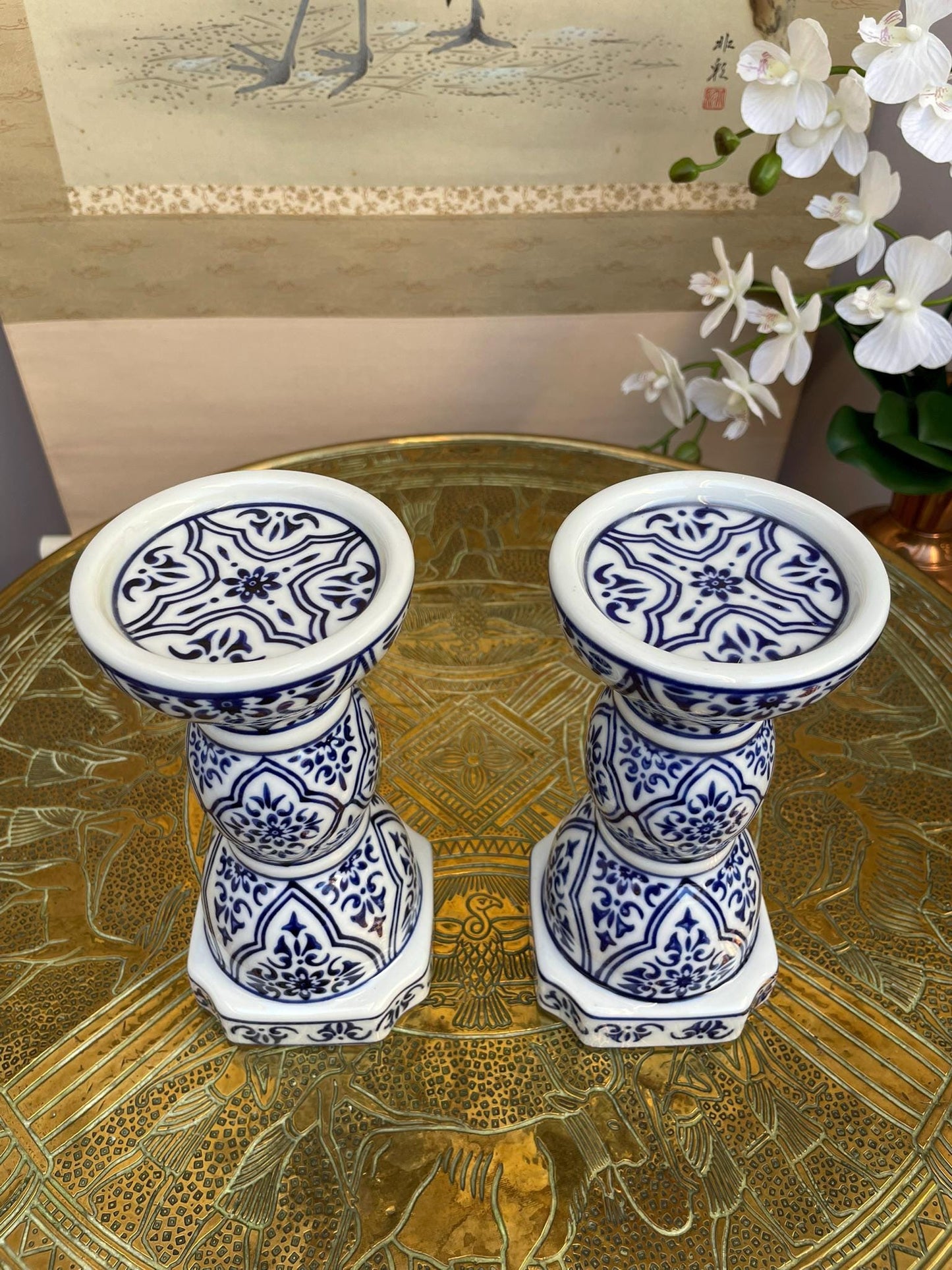 Blue and White Candlesticks Pair, Chinoiserie Taper Holders, Geometric Floral Porcelain, Grandmillennial Wedding Centerpiece, Hamptons Style