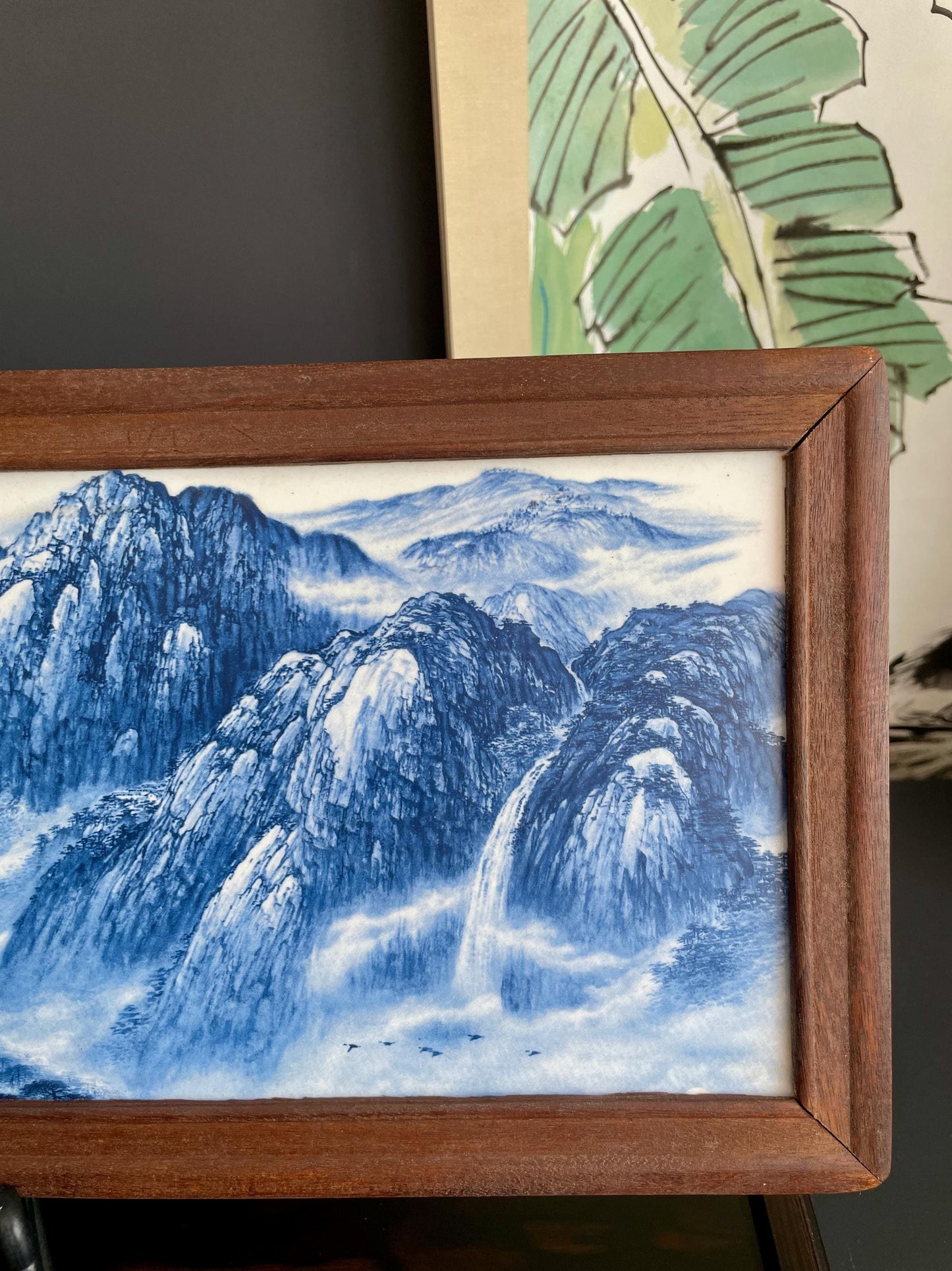 Hand-Crafted Blue & White Porcelain Landscape Plaque | Framed "Yuan Yuan Liu Chang" Shan Shui Wall Art Screen (54cm x 20cm)