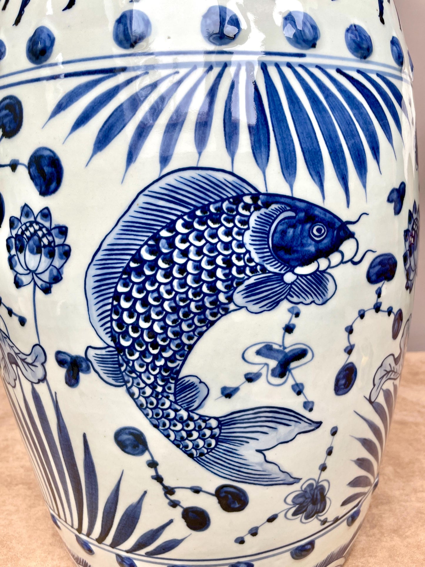 Hand Painted Koi Carp Garden Stool Traditional Chinese Blue White Drum Table Oriental Home Accent Cobalt Blue Statement Furniture Feng Shui