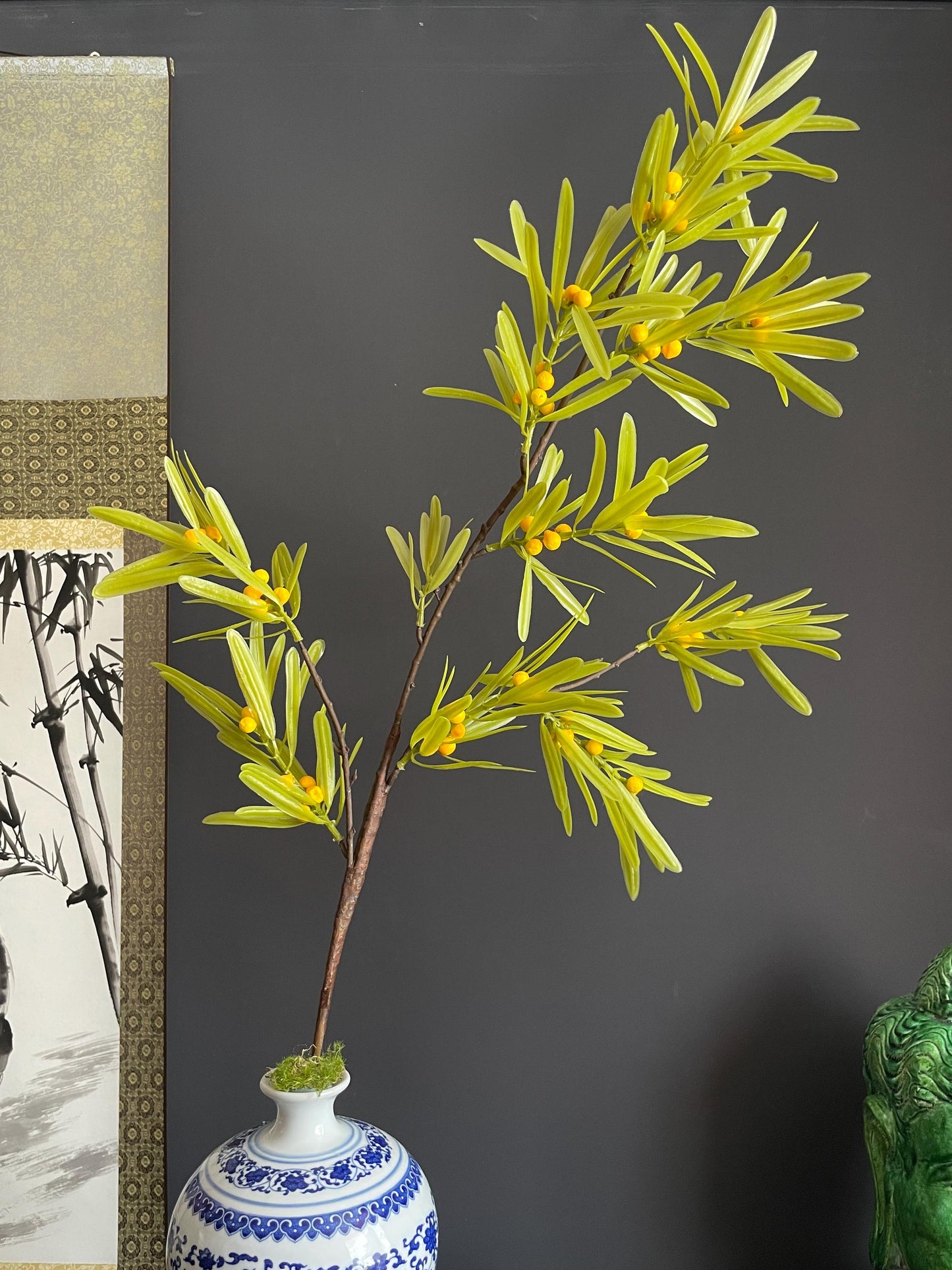 Architectural Faux Greenery Branch | Artisanal Artificial Berry Stem | Modern Botanical Statement Piece for Vases