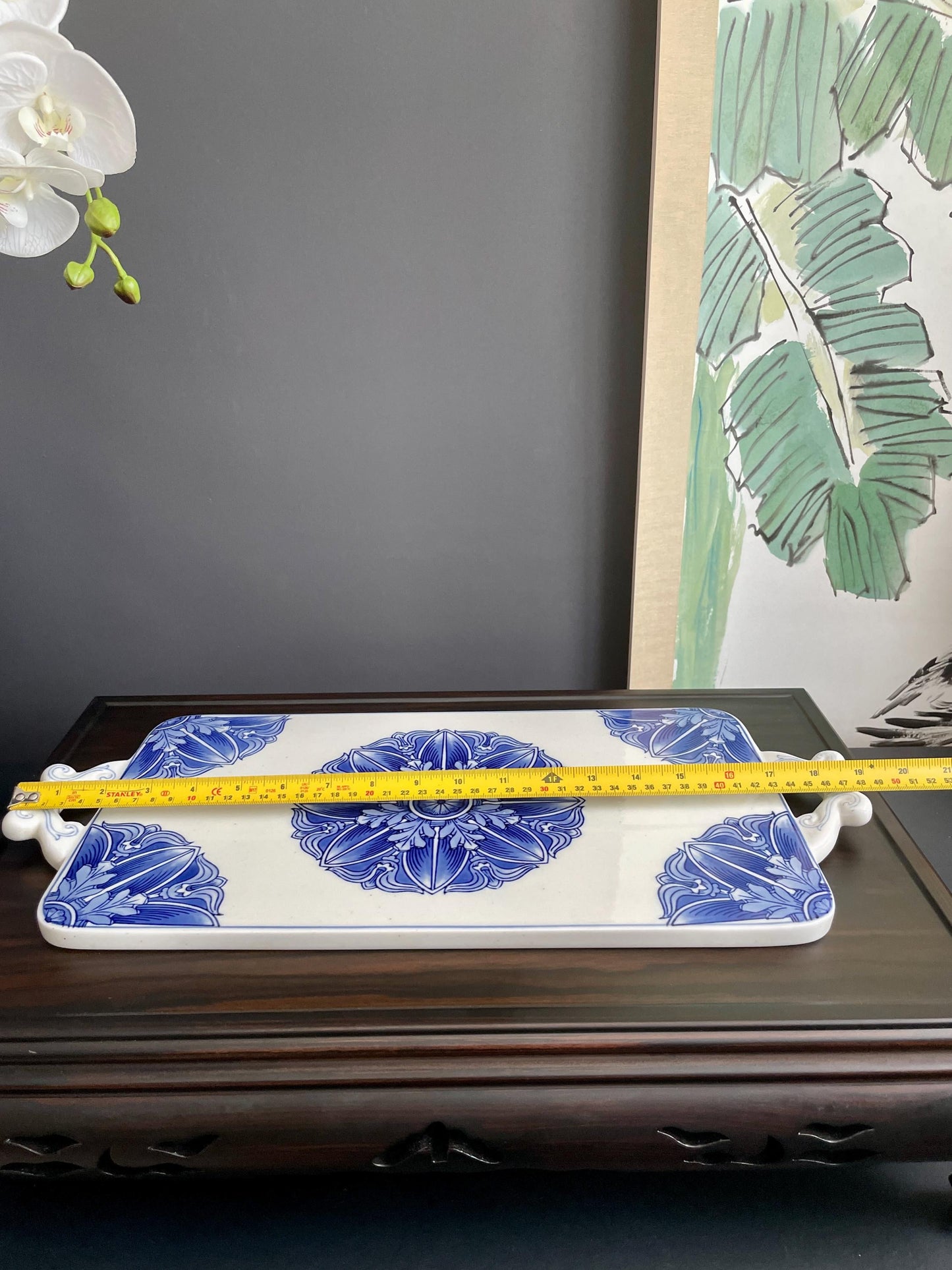 Large Blue & White Ceramic Serving Tray • Handcrafted Porcelain Board with Artisanal Floral Motif Heavy, Smooth, collector Quality Tablewar