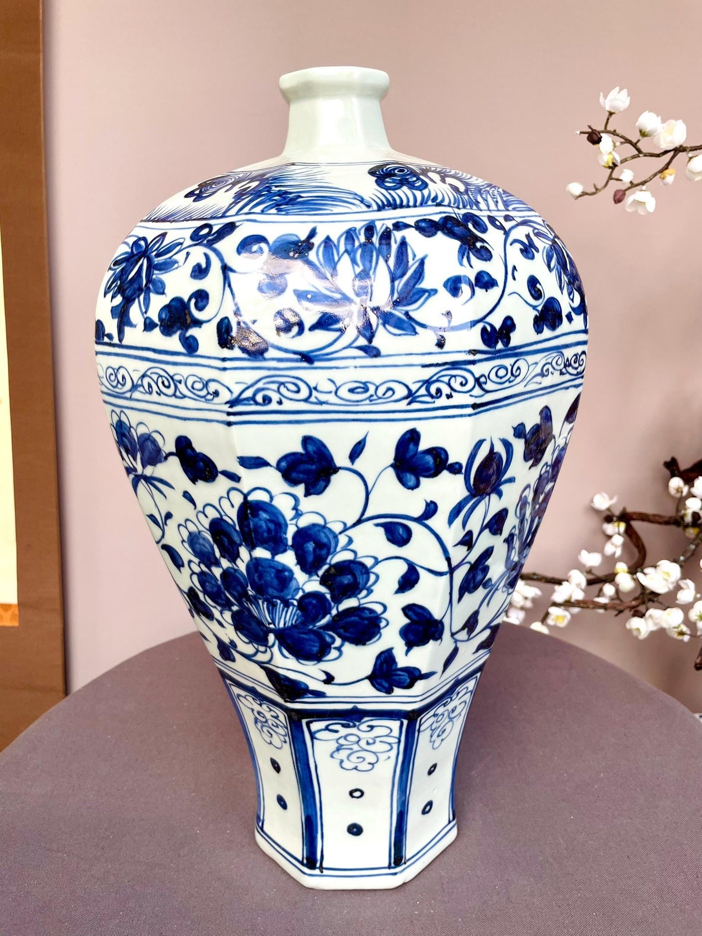 Large Blue and White Porcelain Meiping Vase – Classic Plum Vase Shape – Hand-Painted Floral Motifs Traditional Tall Collector Display Piece