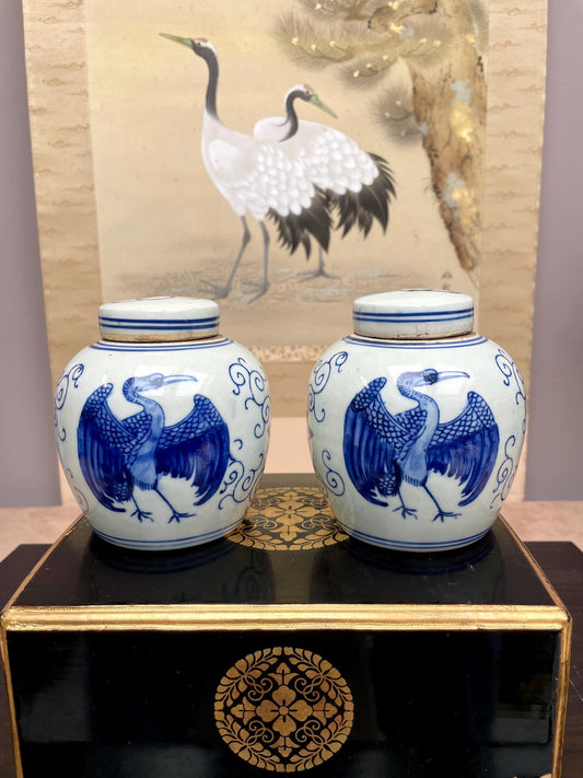 Pair of Hand Painted Blue and White Crane Ginger Jars Vintage Chinese Porcelain Jars Lids Chinoiserie Decor Symbolic Bird Art Longevity Gift