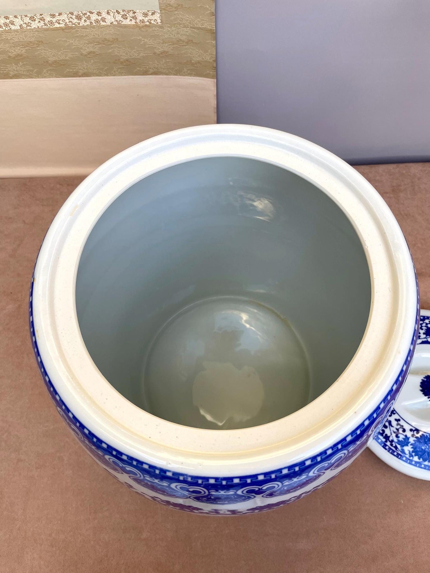 Blue & White Porcelain Lidded Container • Chinoiserie Ginger Jar Side Table • Decorative Storage Jar w/ Rubber Gasket • Floral Bird Pattern