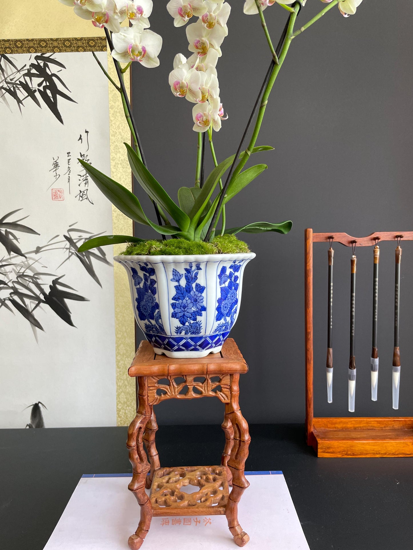 Blue and White Porcelain Planter Ceramic Flower Pot Chinoiserie Cachepot Fluted Oriental Orchid Pot traditional Botanical Decor Large
