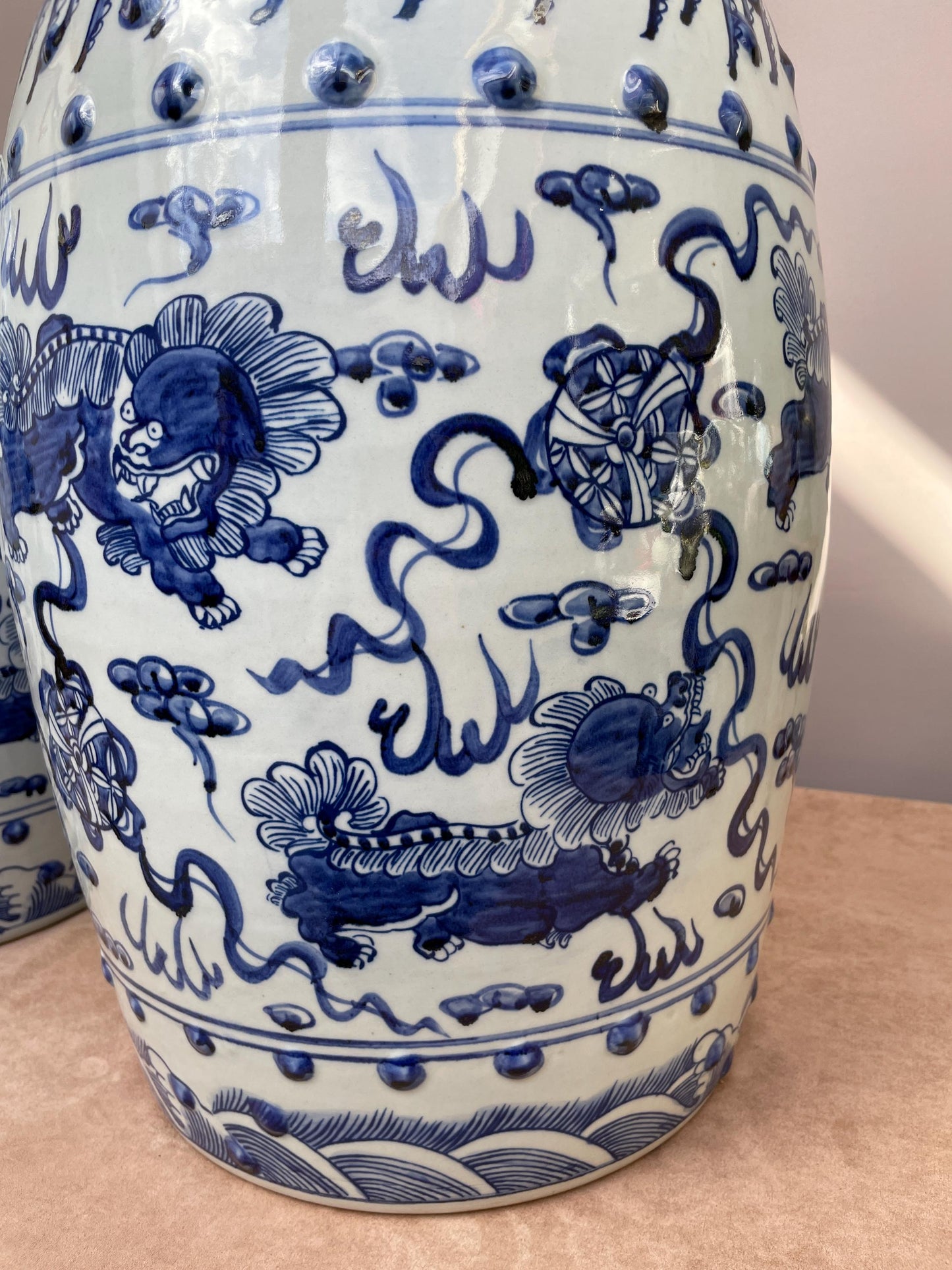 Large Blue and White Porcelain Garden Stool 100% Hand Painted Foo Dog Ceramic Seat, Chinoiserie Drum Stool, Guardian Lion Side Table Heavy.