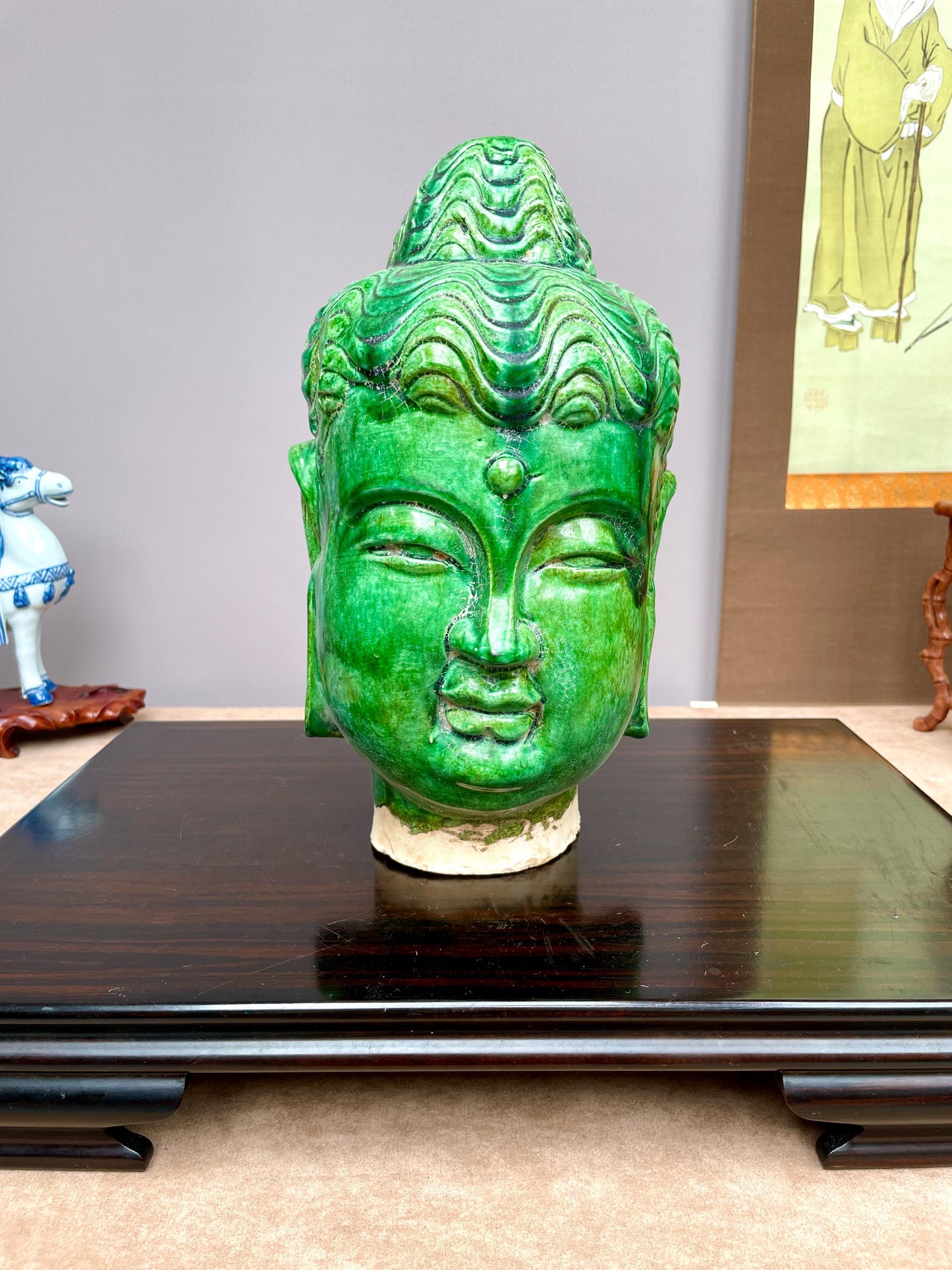 Rare Green Glazed Ceramic Buddha Head Statue, Chinese Ming Style Clay Sculpture, Zen Home Decor, Buddhist Altar Art, Spiritual Gifts