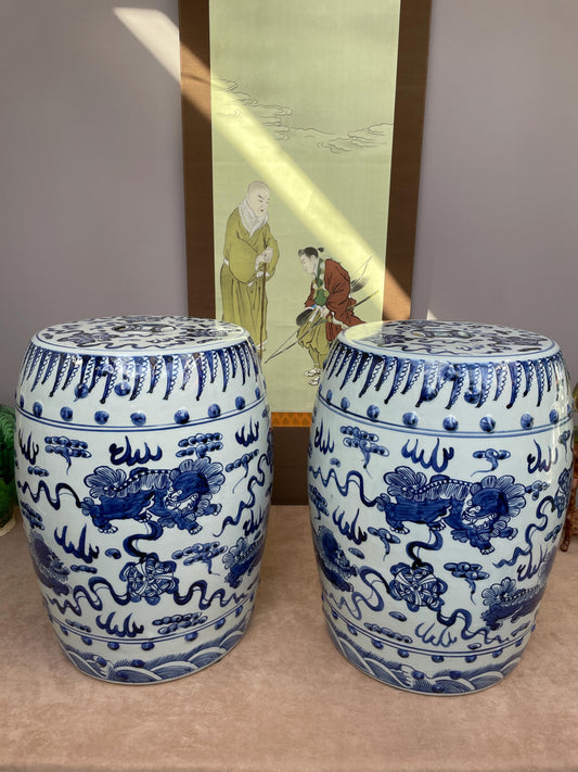 Large Blue and White Porcelain Garden Stool 100% Hand Painted Foo Dog Ceramic Seat, Chinoiserie Drum Stool, Guardian Lion Side Table Heavy.