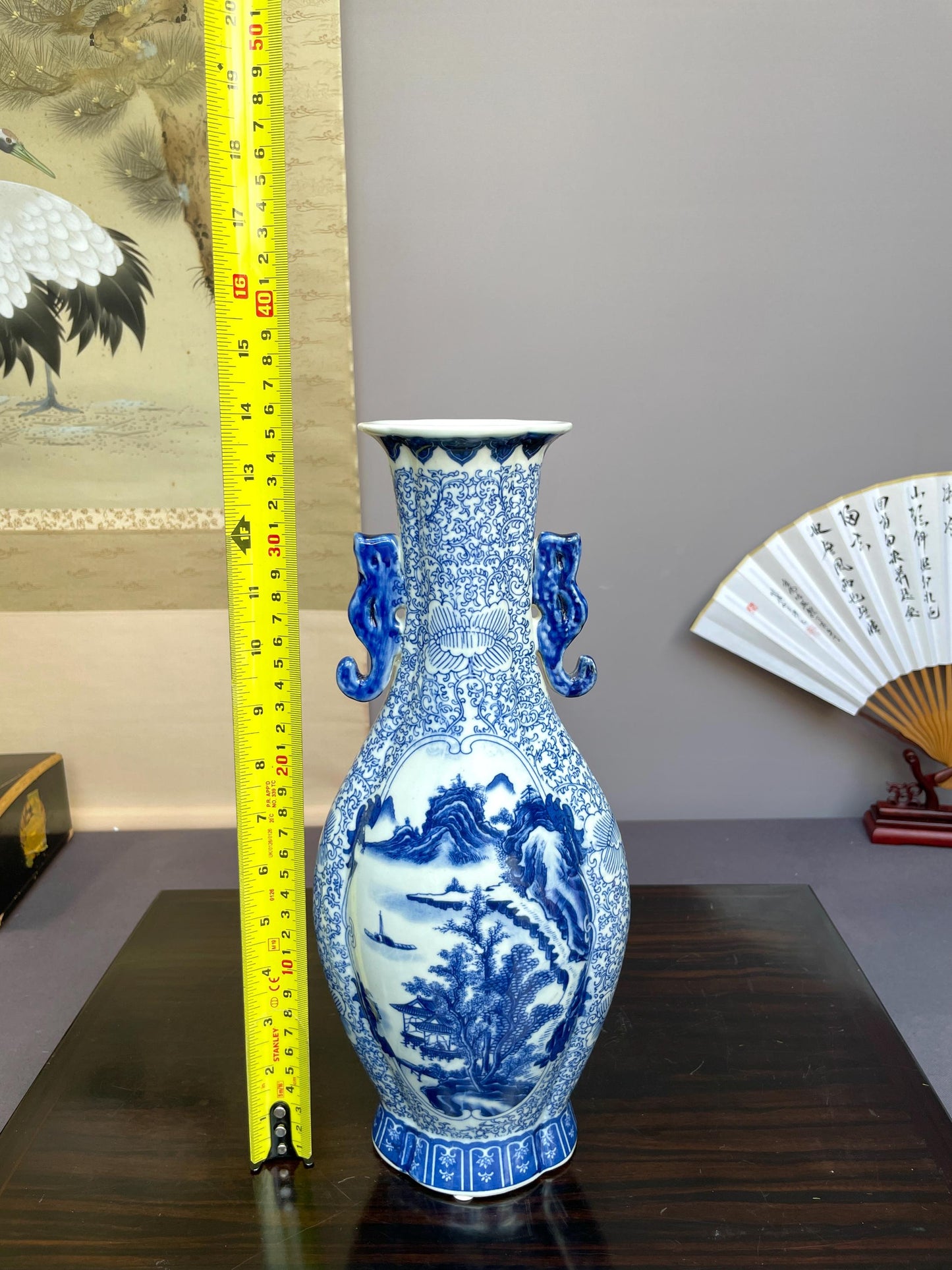 Blue and White Landscape Vase Ceramic Chinoiserie Baluster Vase Porcelain Temple Vase Oriental Mountain Scene Pottery Large Console Decor