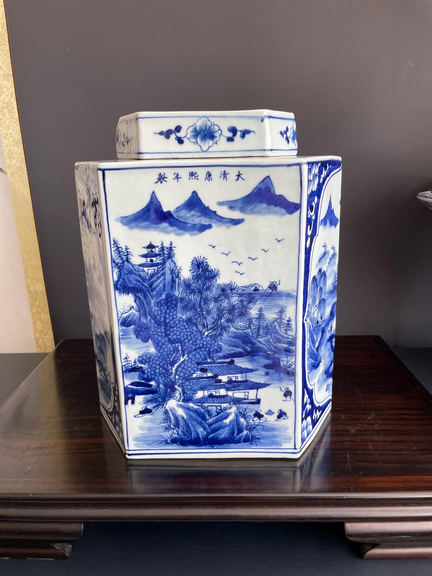 Hand Painted Blue & White Hexagon Porcelain Vase with Lid | Six Sided Xiang Qi Hand Pressed Ceramic Jar | Chinoiserie Decor Vessel