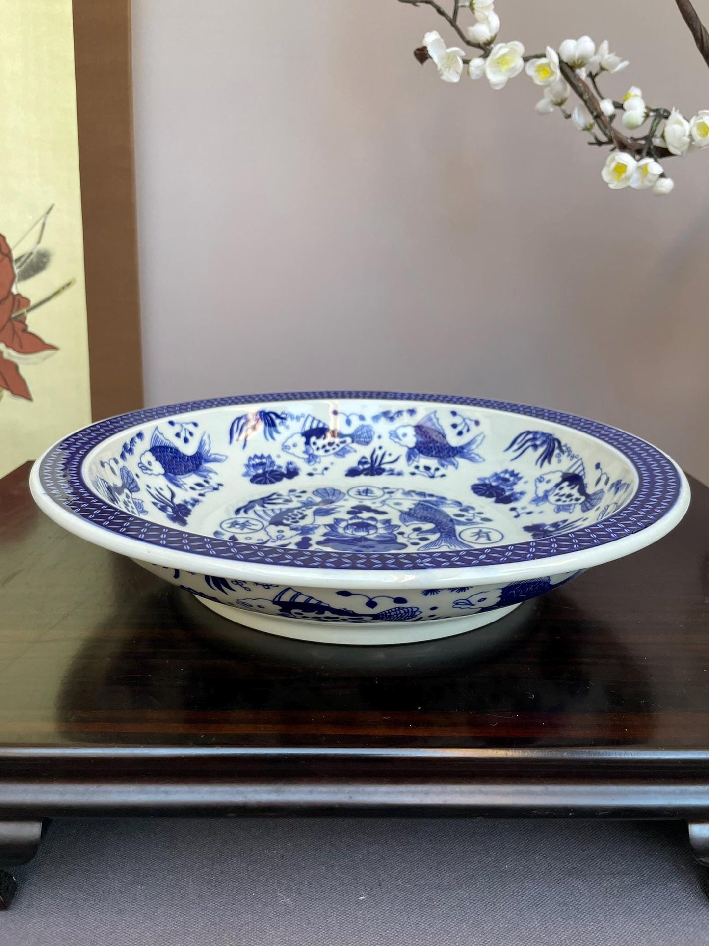 Large Flared Rim Porcelain Bowl • Wide Shallow Blue & White Display Bowl • Decorative Serving Vessel • Oriental Art Centerpiece