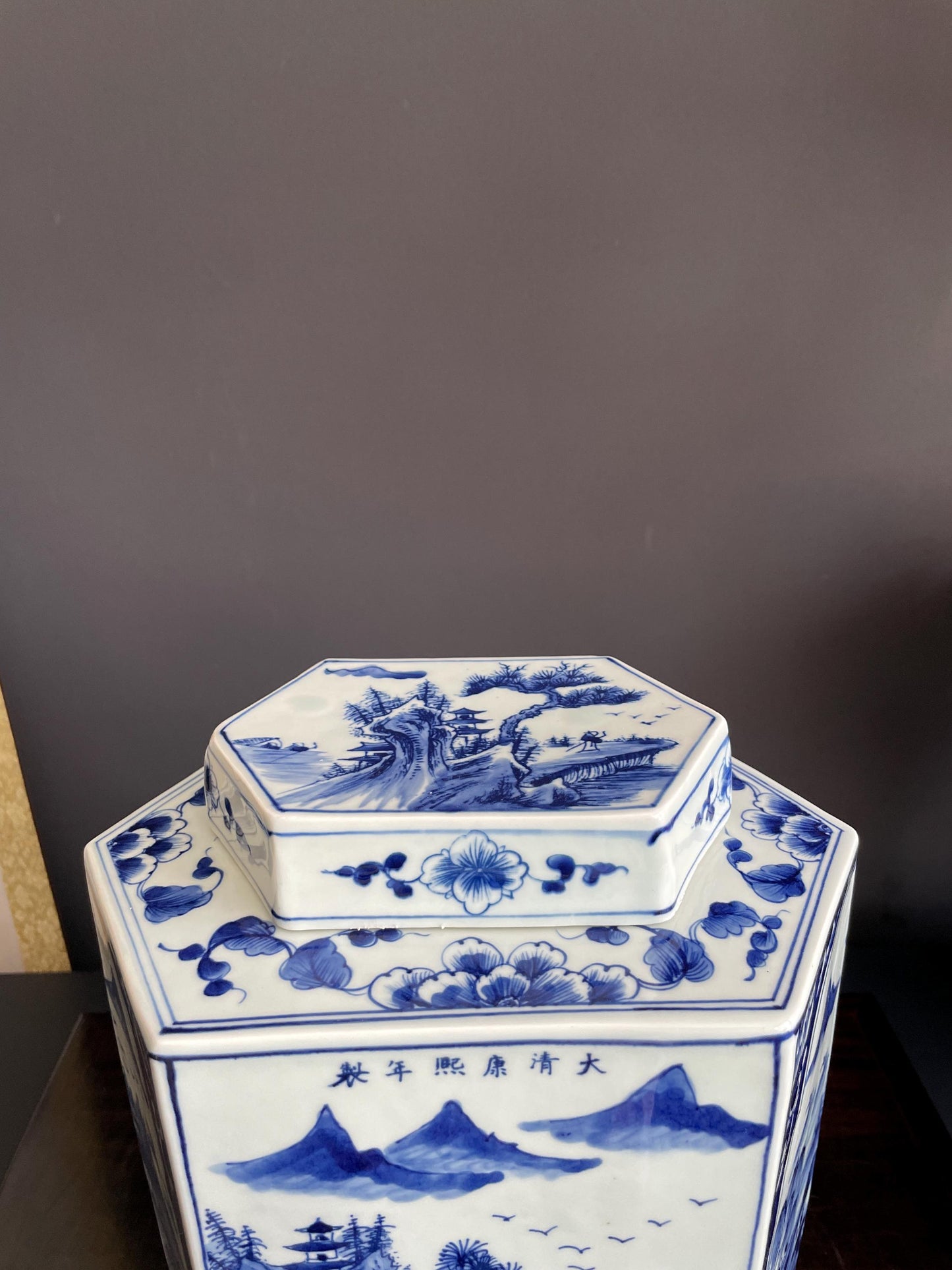 Hand Painted Blue & White Hexagon Porcelain Vase with Lid | Six Sided Xiang Qi Hand Pressed Ceramic Jar | Chinoiserie Decor Vessel