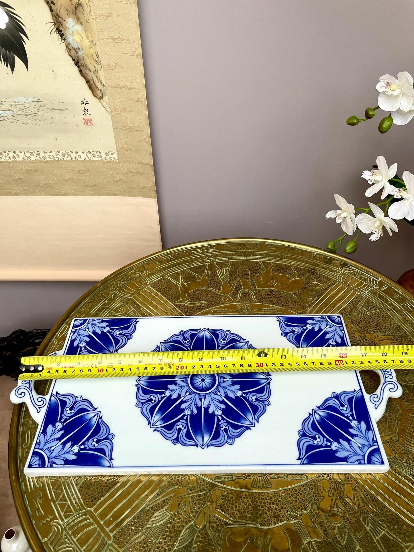 Large Blue & White Ceramic Serving Tray • Handcrafted Porcelain Board with Artisanal Floral Motif Heavy, Smooth, collector Quality Tableware