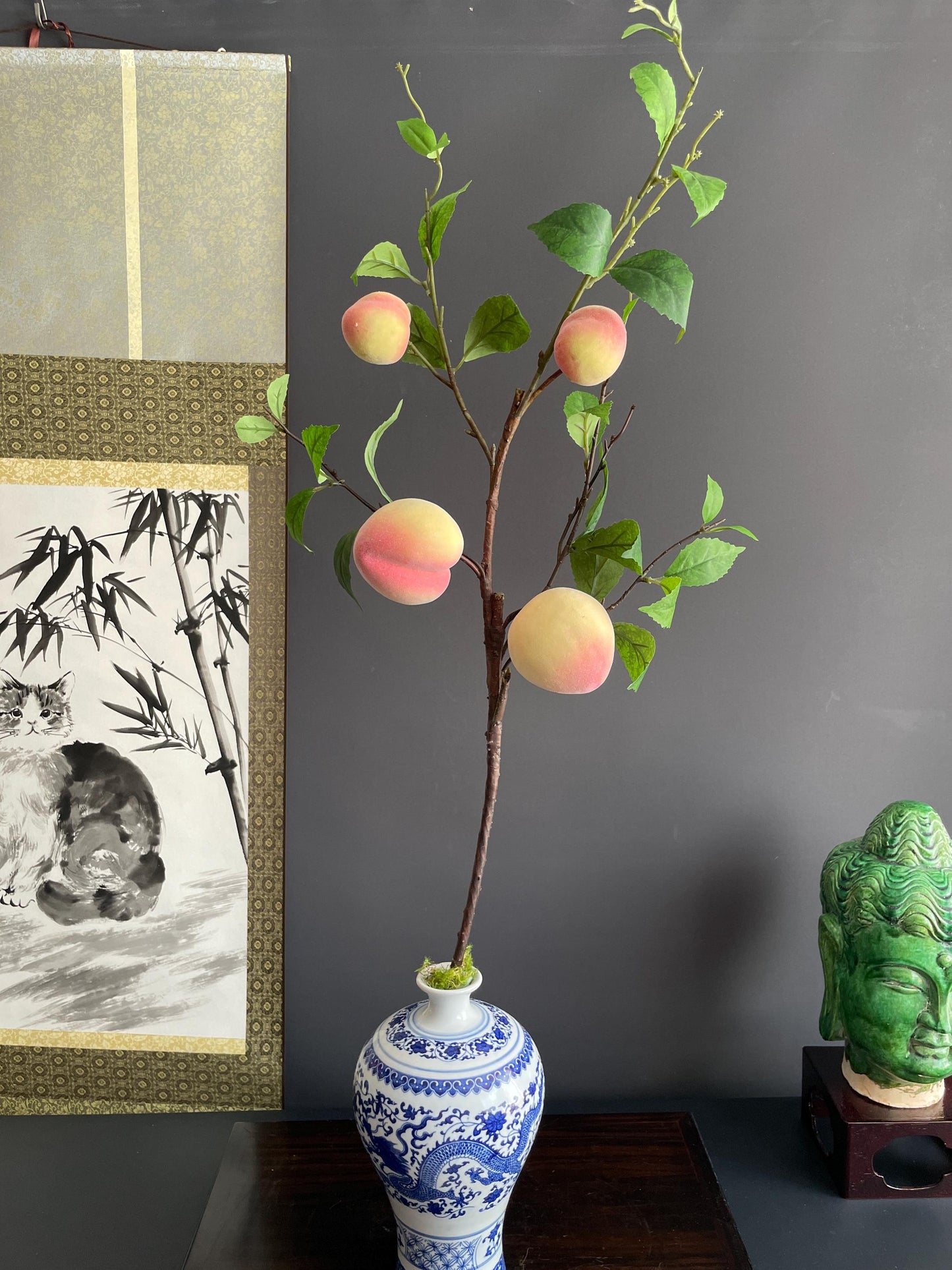 Realistic 92cm Faux Peach Branch | Artificial Fruit Stem | Large Decorative Greenery for Modern Home Decor