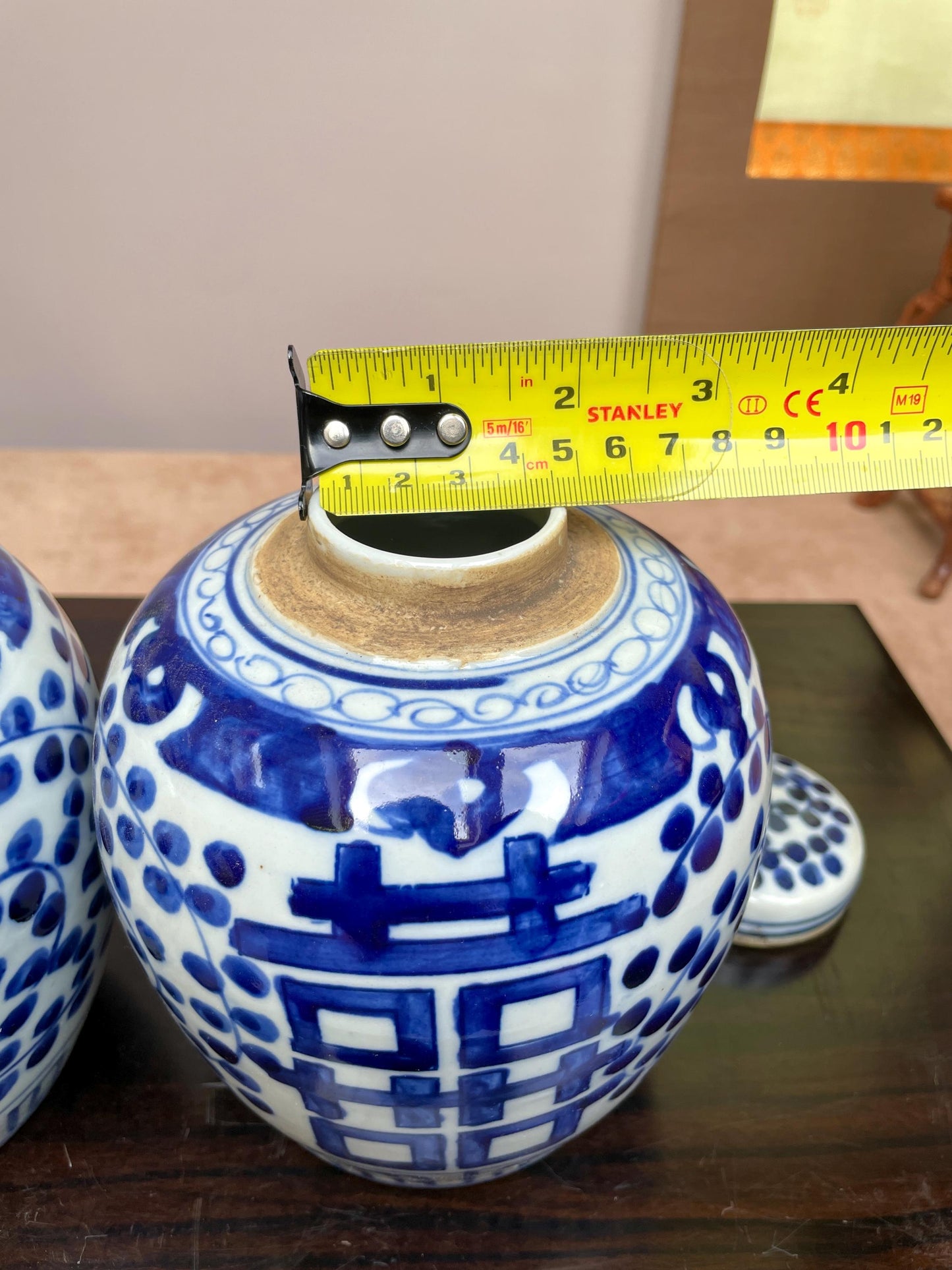 Pair of Blue and White Double Happiness Ginger Jars, hand painted Chinese Porcelain Tea Caddies with Lids, Chinoiserie Home Decor Weddings