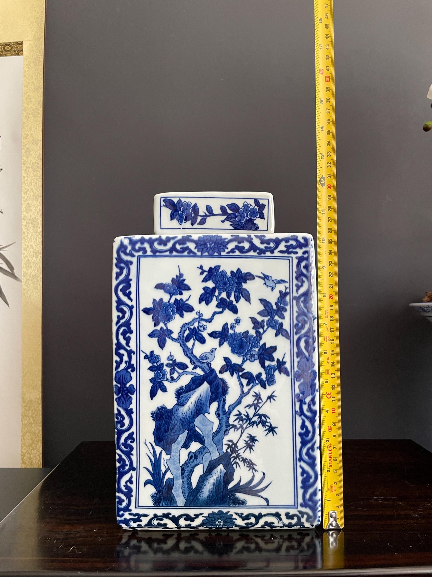 Rare Hand Painted Blue and White Xiang Qi Porcelain Vase | Hand Pressed Square Ginger Jar with Lid | 30cm Heavy Collector Ceramic Vessel