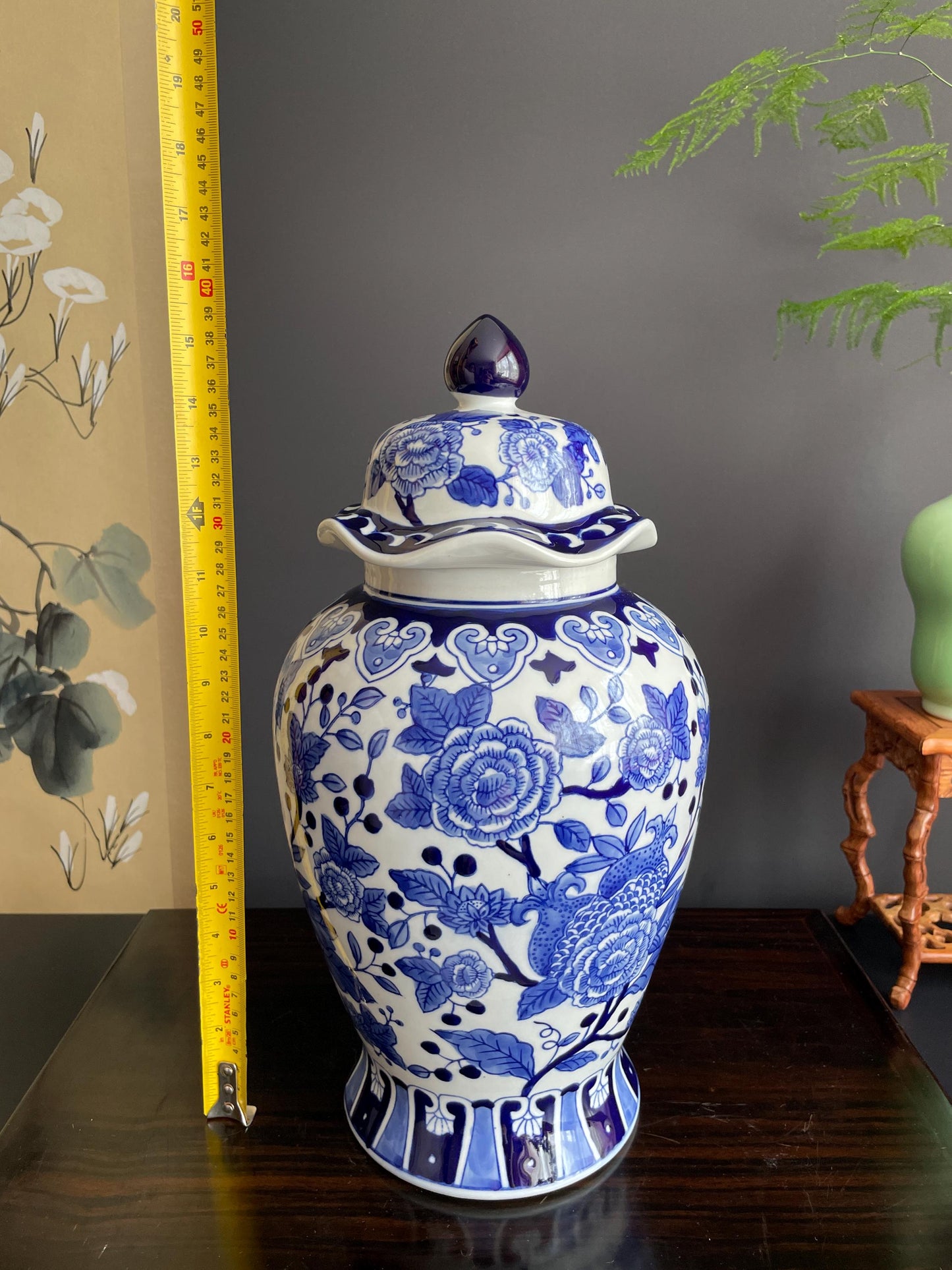 Blue and White Porcelain Temple Jar Peony Ginger Jar with Lid Chinoiserie General Jar Traditional Floral Blossom Urn Oriental Home Decor