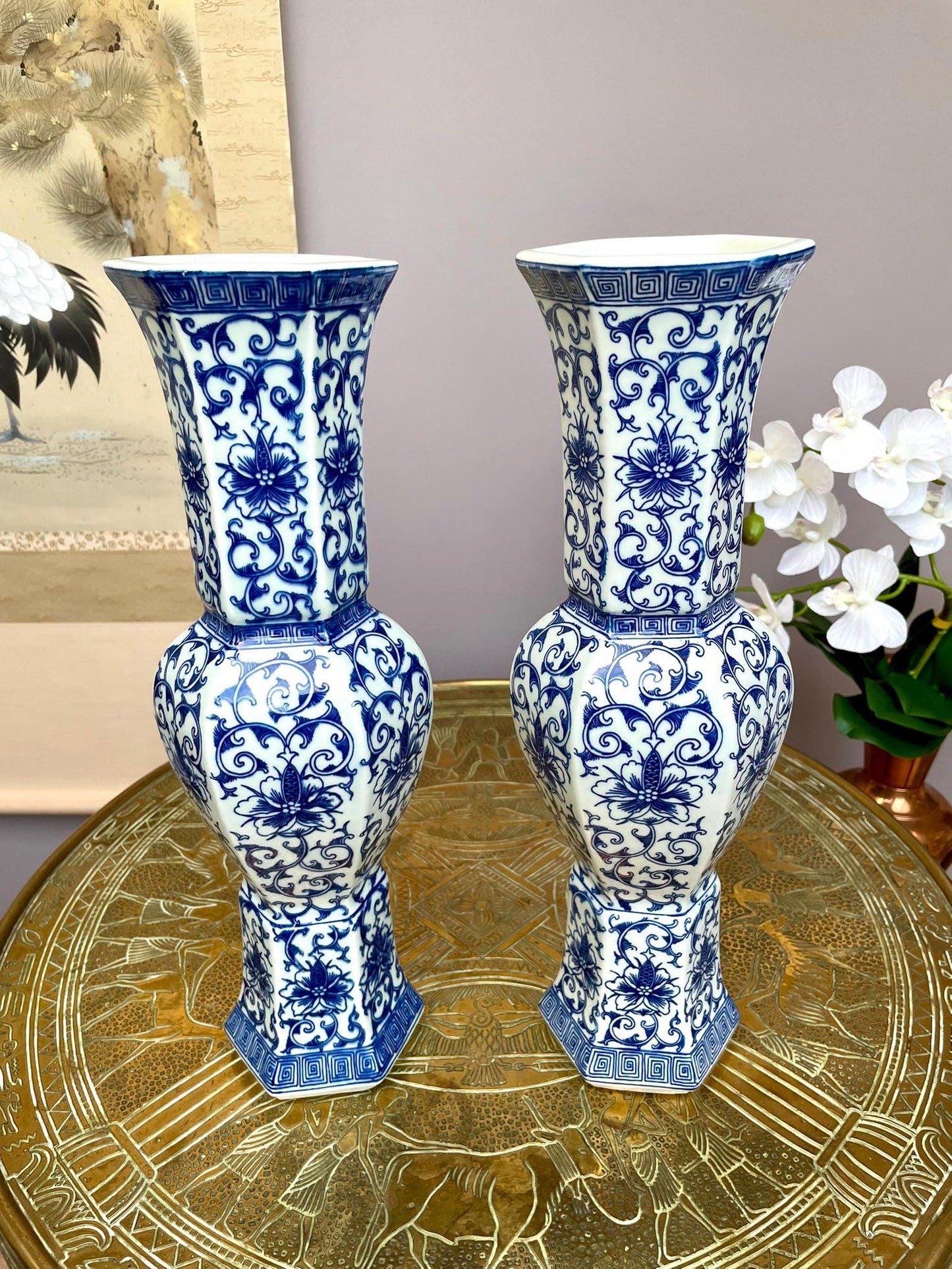 Pair of Blue & White Hexagonal Imperial Lotus Vases • Royal Ritual Vessel Form Six-Sided Classical Porcelain Pair Luxury Oriental Home Décor