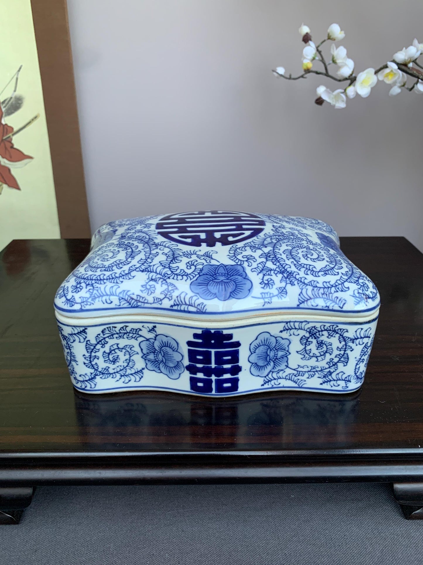 Blue and White Porcelain Lidded Box | Curved Decorative Container with Shou Longevity Symbol | Handcrafted Ceramic Storage Box | Asian Home