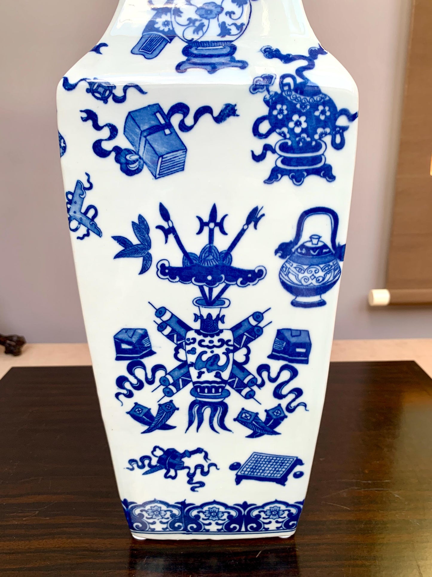 Tall Hand-Crafted Blue and White Square Vase Rare "Hundred Antiques" (Bogu) Motif Heavy Premium Porcelain Traditional Scholar's Studio Decor