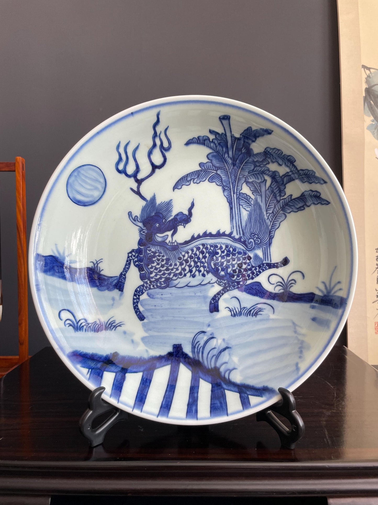 Blue and White Porcelain Display Plate with Stand Chinoiserie Qilin Charger Kirin Mythical Beast Traditional Ceramic Oriental Cabinet Decor