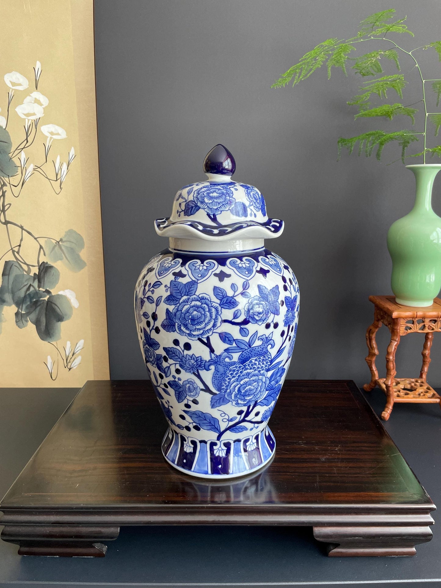 Blue and White Porcelain Temple Jar Peony Ginger Jar with Lid Chinoiserie General Jar Traditional Floral Blossom Urn Oriental Home Decor
