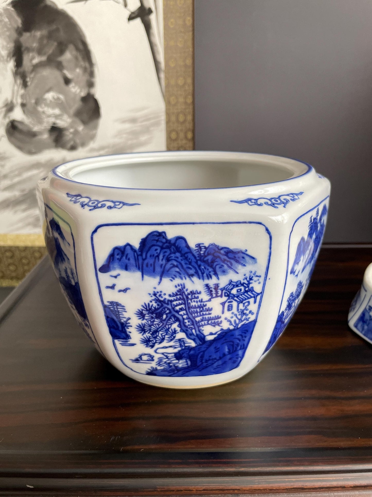 Blue and White Porcelain Planter Set | Hand-Crafted Chinoiserie Ceramic Cachepot | 2 Piece Decorative Plant Pot for Indoor Flowers