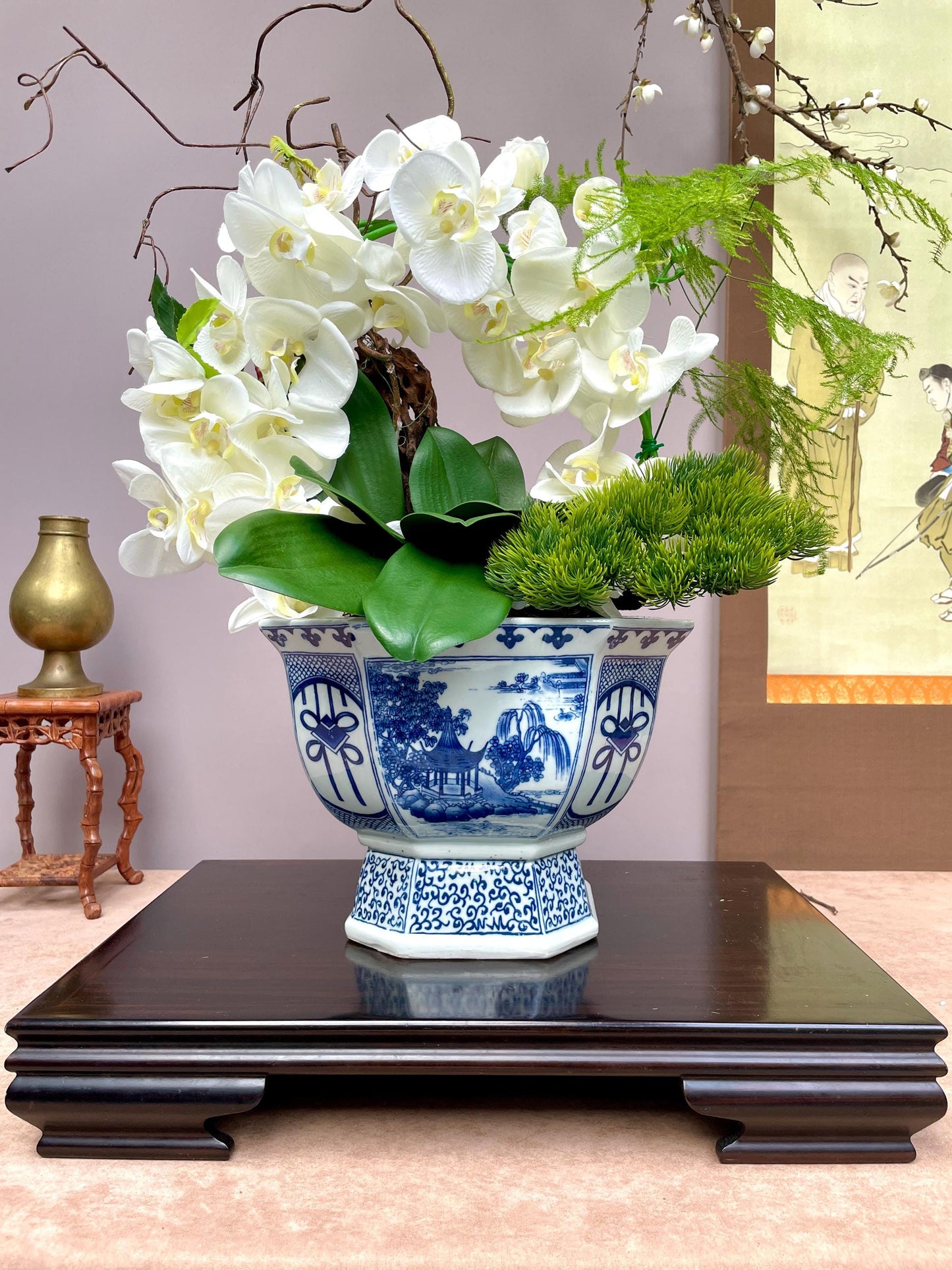 Blue & White Hexagonal Footed Bowl Scenic Landscape Porcelain Centerpiece irregular hexagon Oriental Art Bowl Luxury Decorative NO DRAINAGE