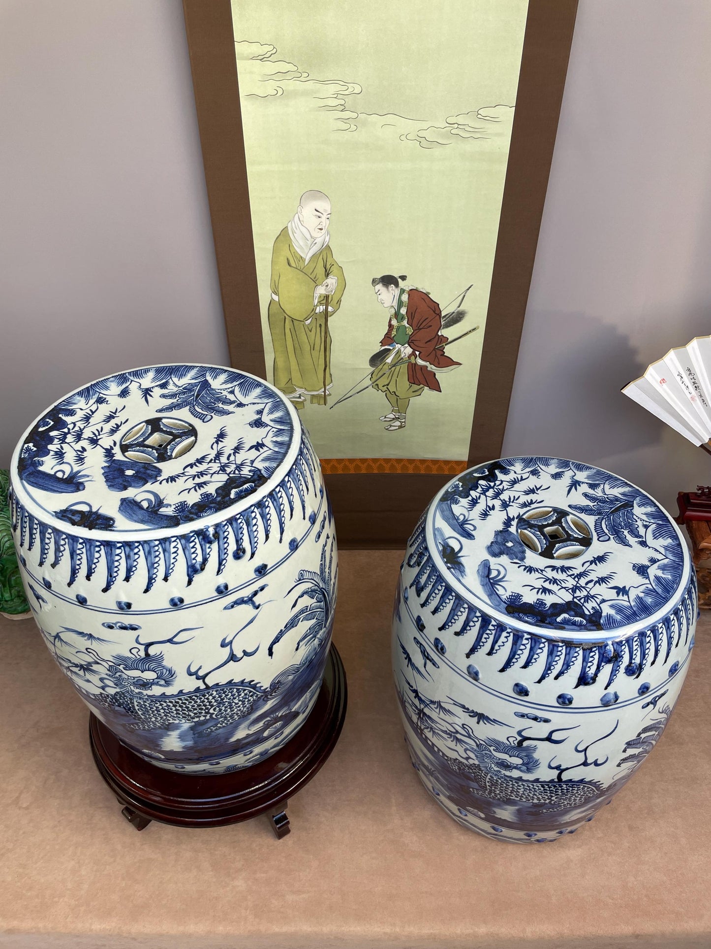 Large Blue and White Porcelain Garden Stool, Hand Painted Qilin Dragon Ceramic Seat Chinoiserie Drum Stool Oriental Decor, Rare Heavy SINGLE