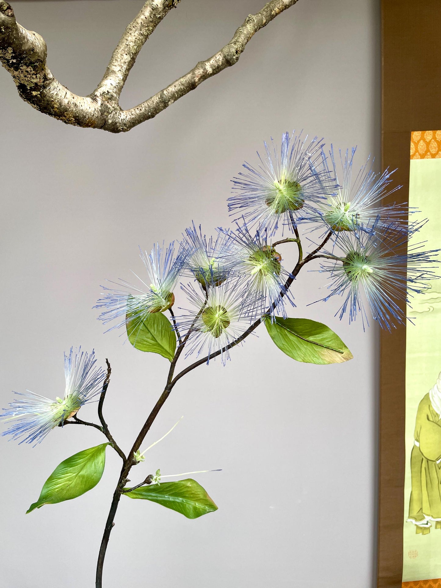 Realistic Blue Powder Puff Flower Branch - Artificial Calliandra Silk Tree Stem Zen Minimalist Home Decor Blue Pom Pom Branch High-End Faux