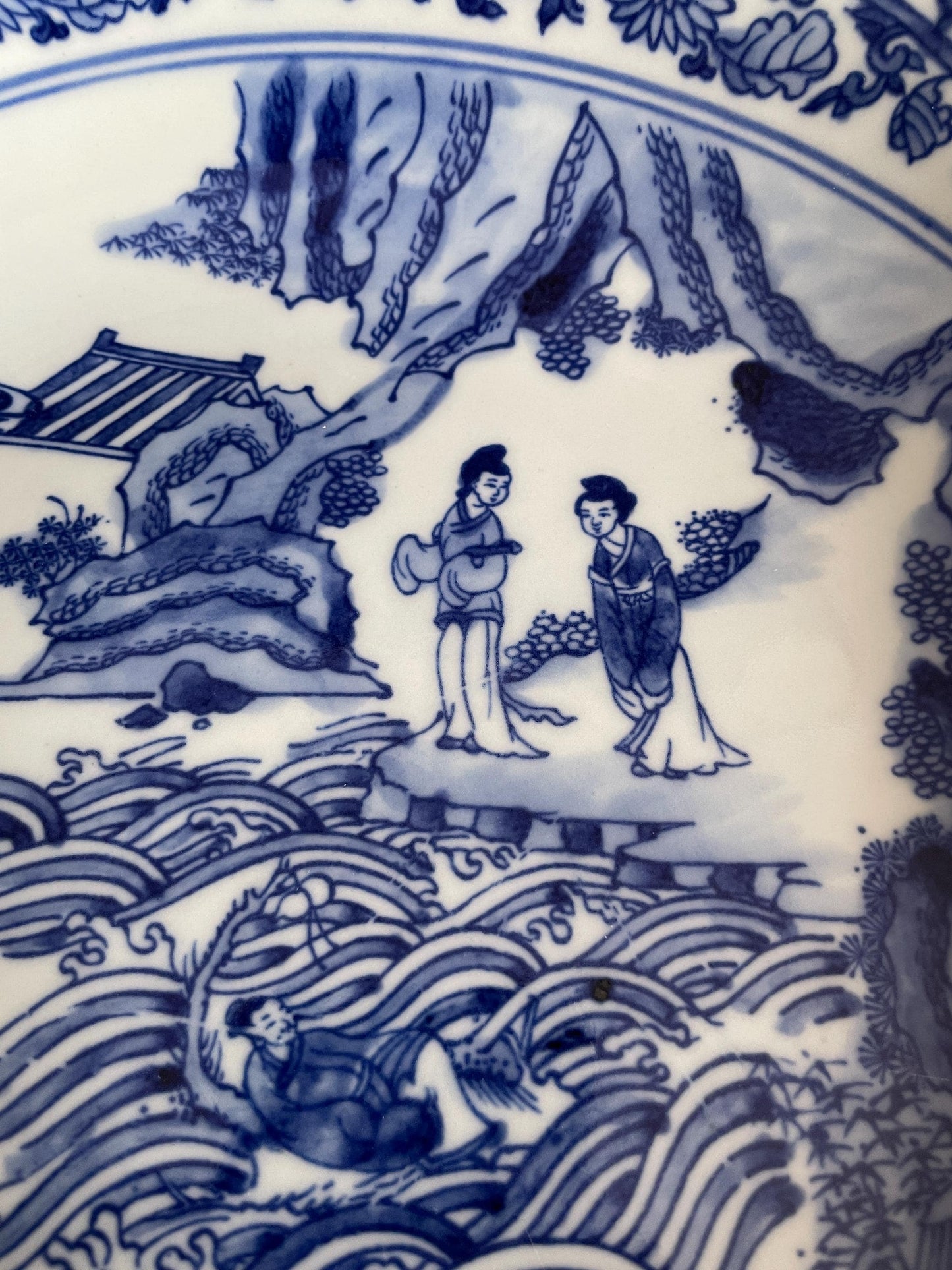 Traditional Blue and White Porcelain Charger | Hand-Crafted Narrative Decorative Plate | Classic Chinoiserie Display Platter