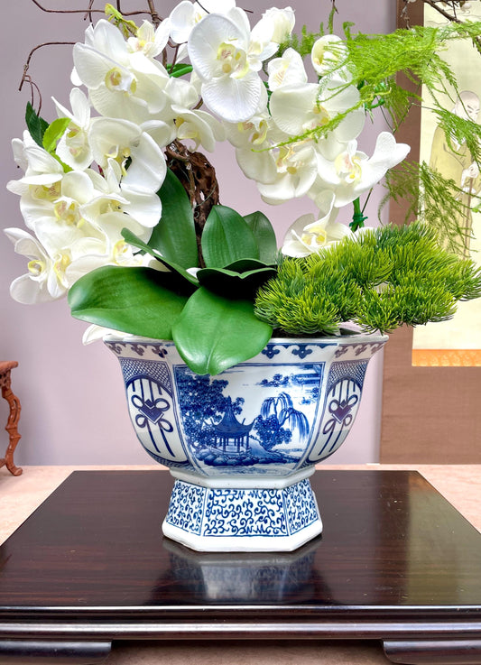 Blue & White Hexagonal Footed Bowl Scenic Landscape Porcelain Centerpiece irregular hexagon Oriental Art Bowl Luxury Decorative NO DRAINAGE